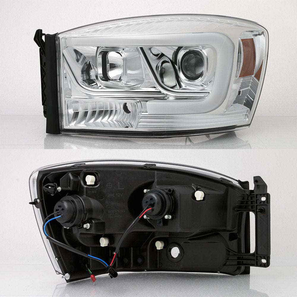 AKKON - For 2006-08 Dodge RAM 1500 + 2006-09 Dodge RAM 2500/3500 LED Daytime Running Lamp Bar Projector Headlights Chrome Set