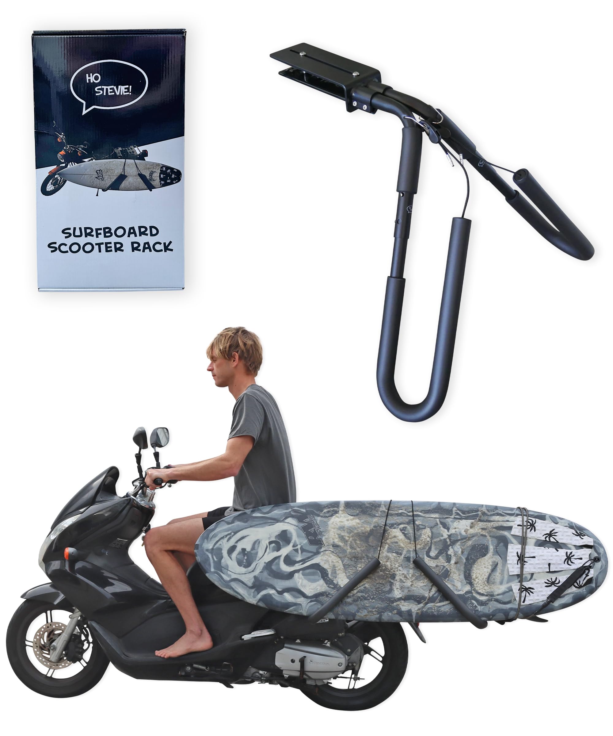 Scooter/Moped/eBike Surfboard Rack - Easy Install for Most Scooters - Less Gas, Easy Parking - for Surf Boards 8 Feet or Shorter