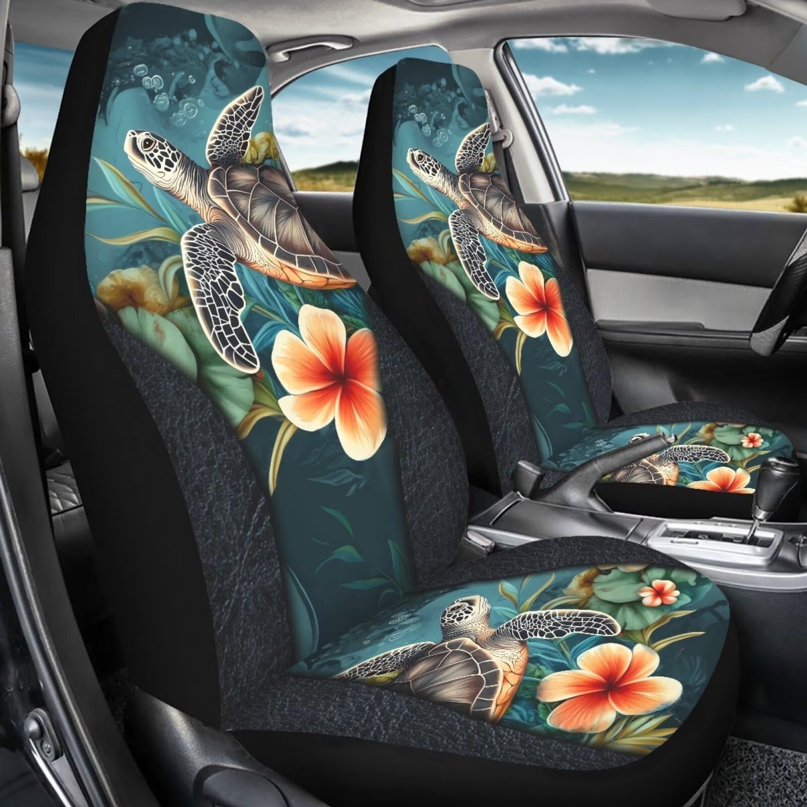 Bigcarjob Art Sea Turtle Car Seat Cover Set For Front Seat Only,2 Pack Animal Turtle Print Auto Front Seat Protector Saddle Blan