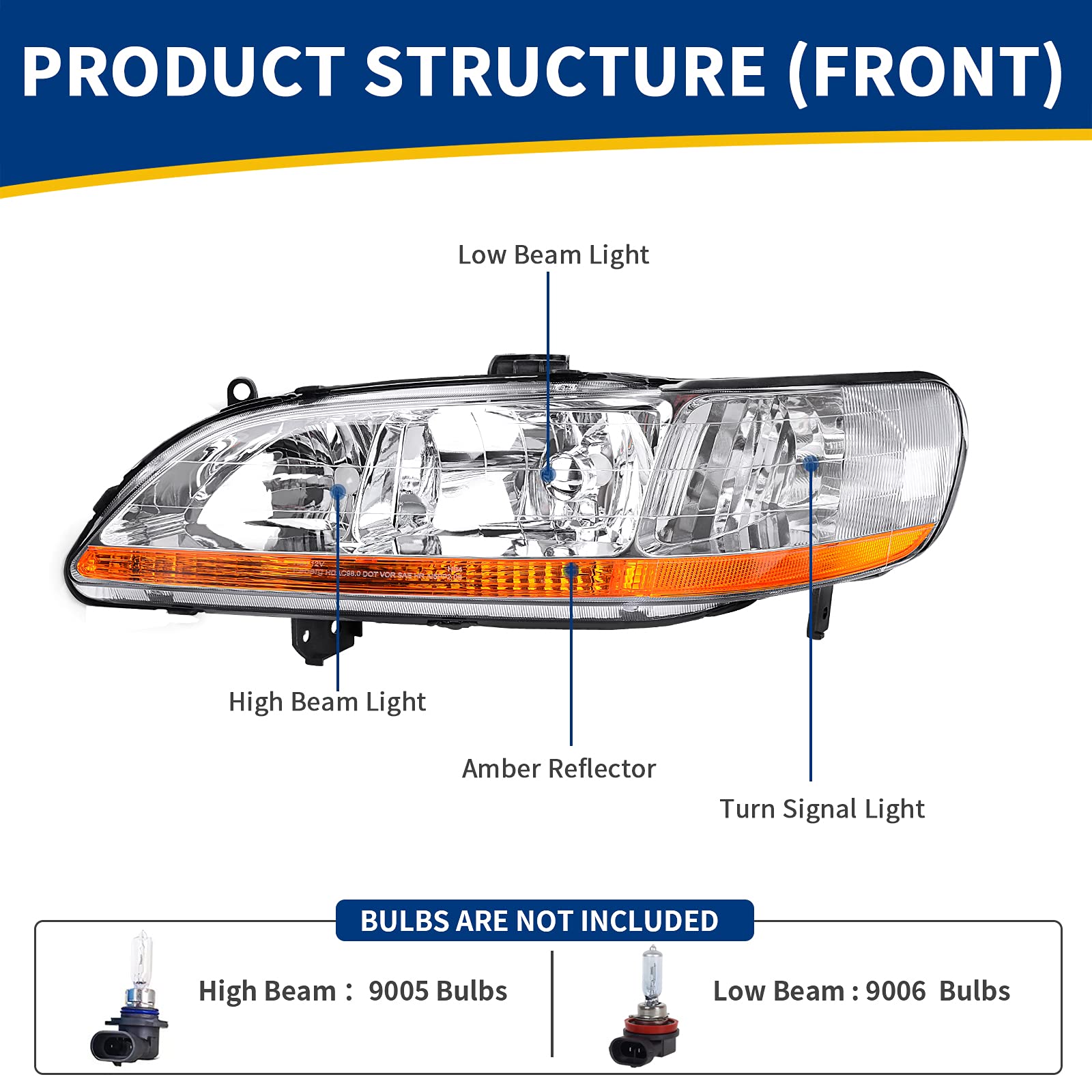 Autosaver88 Headlight Assembly Compatible With 1998 1999 2000 2001 2002 Accord Headlamp Replacement Chrome Housing Amber Reflect