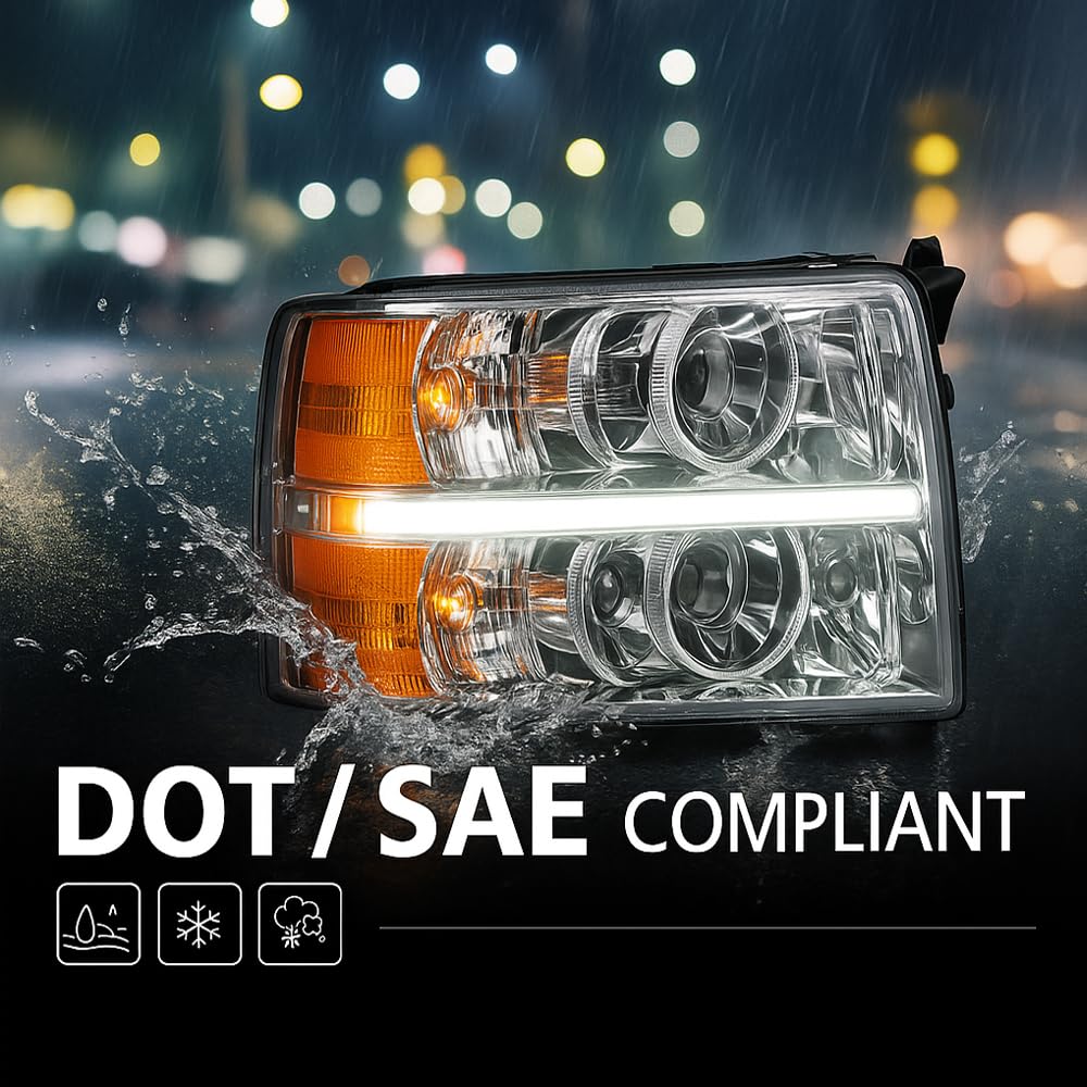 Cheda Led Drl Strip Headlights Compatible With 2007-2013 Chevy Silverado 1500 2500 3500 & Hd (Smoky Lens Chrome Housing Amber Re