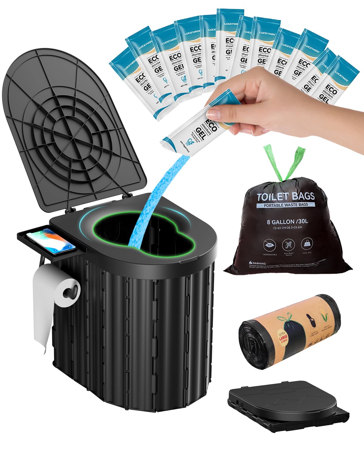 Portable Toilet with Urine Gel & Leak-Proof Bags - Odorless Camping Toilet for Adults & Kids, Outdoor Travel Potty with Ergonomi