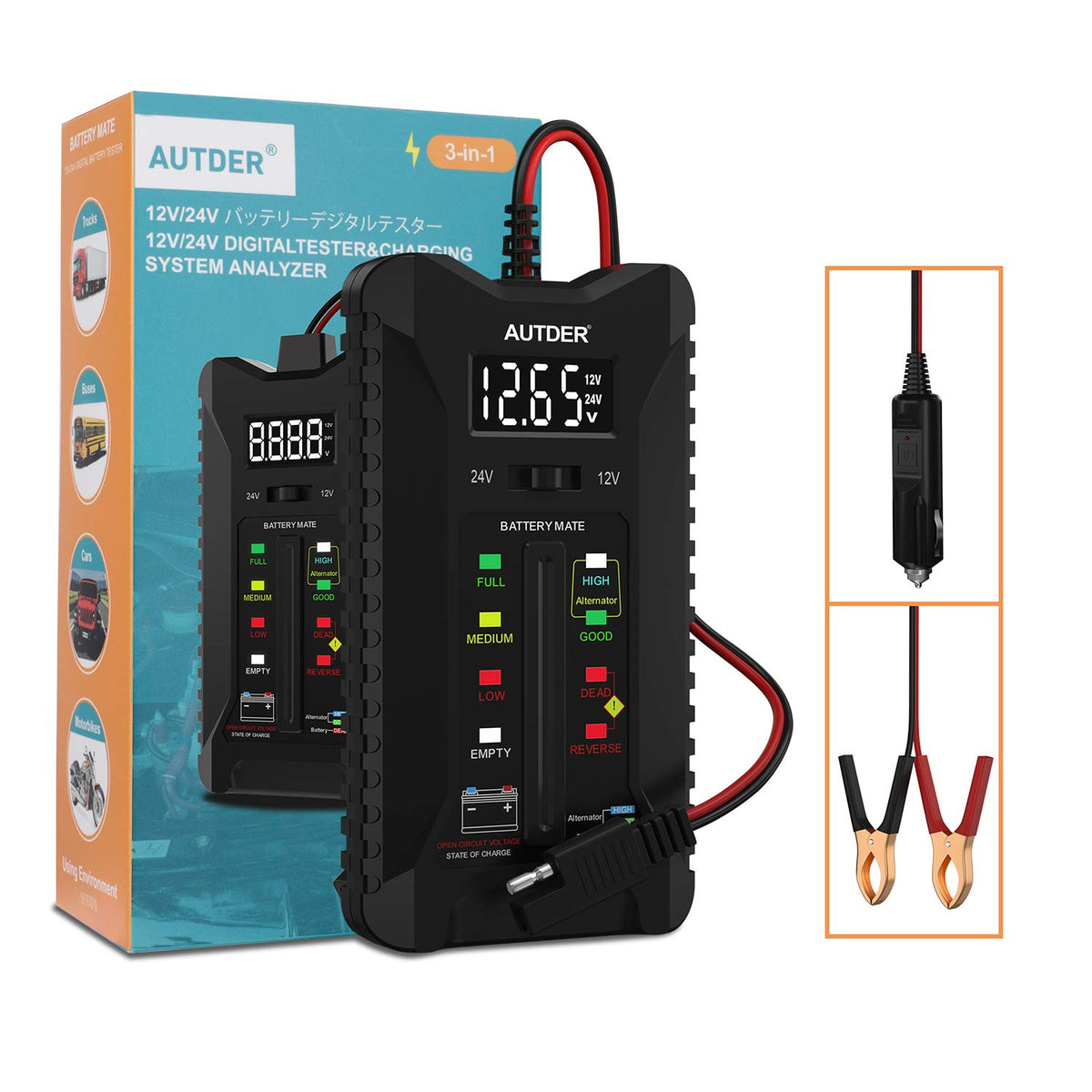Autder Car Battery Tester, 12V/24V Battery Condition Tester & Alternator Charging System Analyzer, Automotive Voltmeter With Lcd