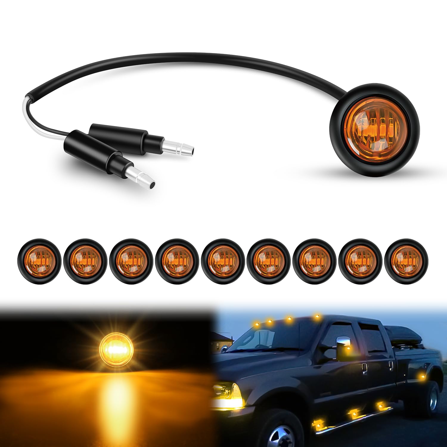 Nilight 3/4Inch Round Marker Light 10Pcs Amber Led Clearance 2 Connectors Side Indicator Bullet Lights Ip68 Waterproof For Trail