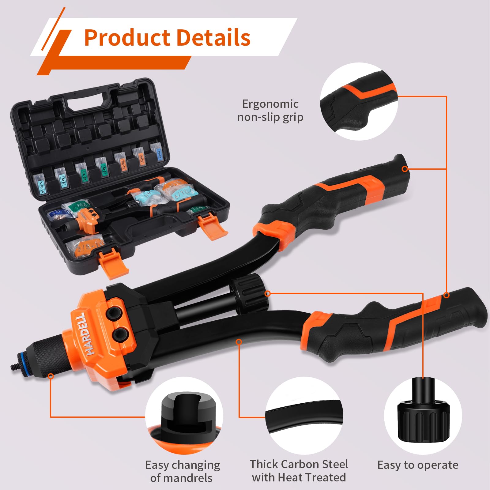 Hardell Rivet Nut Tool, 14'' Rivnut Tool With 100 Pcs Rivet Nuts And 7 Metric & Inch Mandrels M6 M8 M10, 1/4-20, 5/16-18, 3/8-16