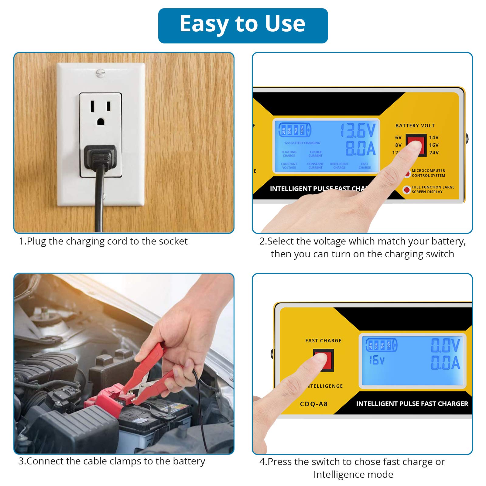 AUTOUTLET 0-10A Smart Car Battery Charger & Trickle Maintainer, Fully Automatic, 6/8/12/14/24V, Yellow, 23.5*14