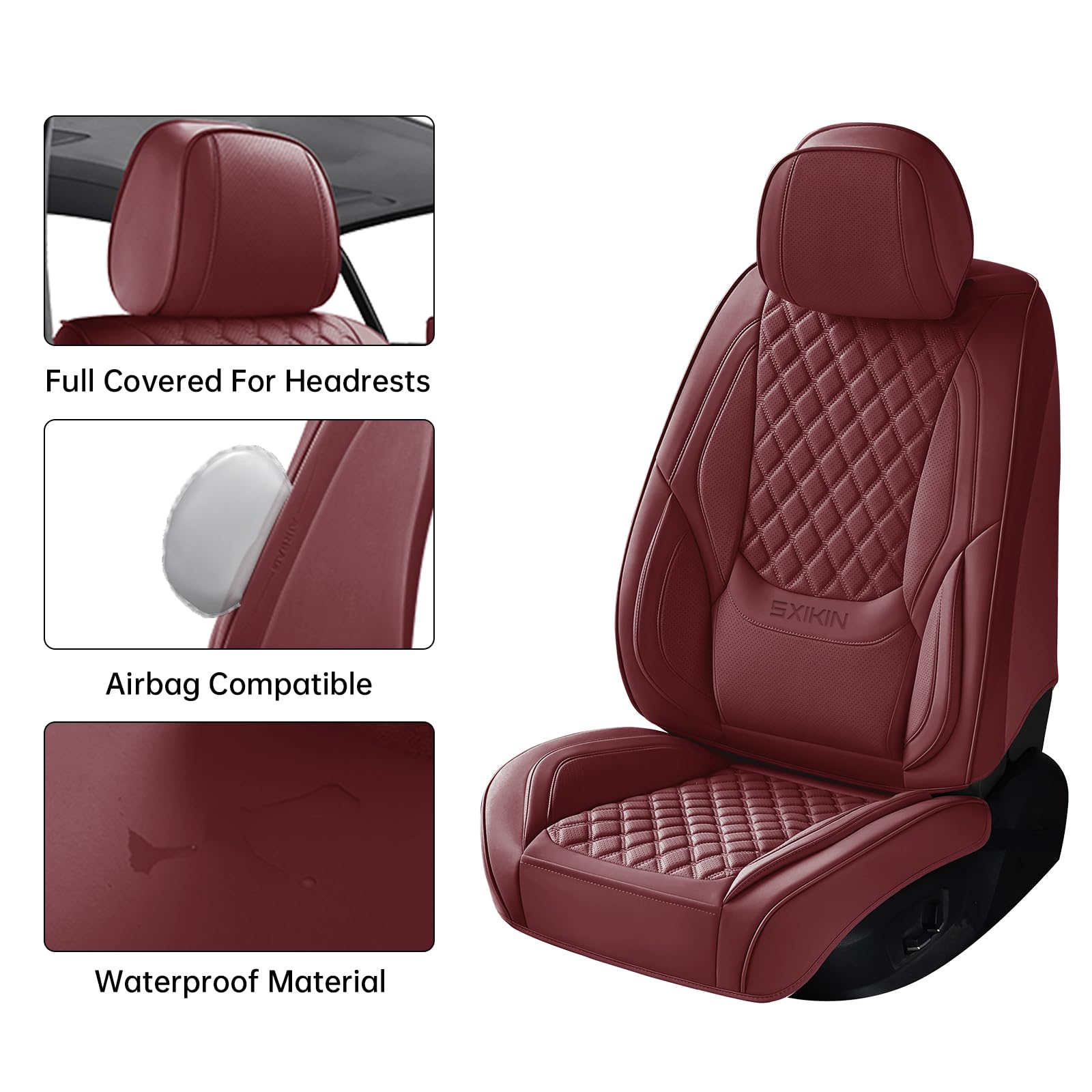 Sxikin Car Seat Covers Front Seats, Luxury Faux Leather Car Seat Covers Waterproof Non-Slip Seat Protector Universal Fit For Mos