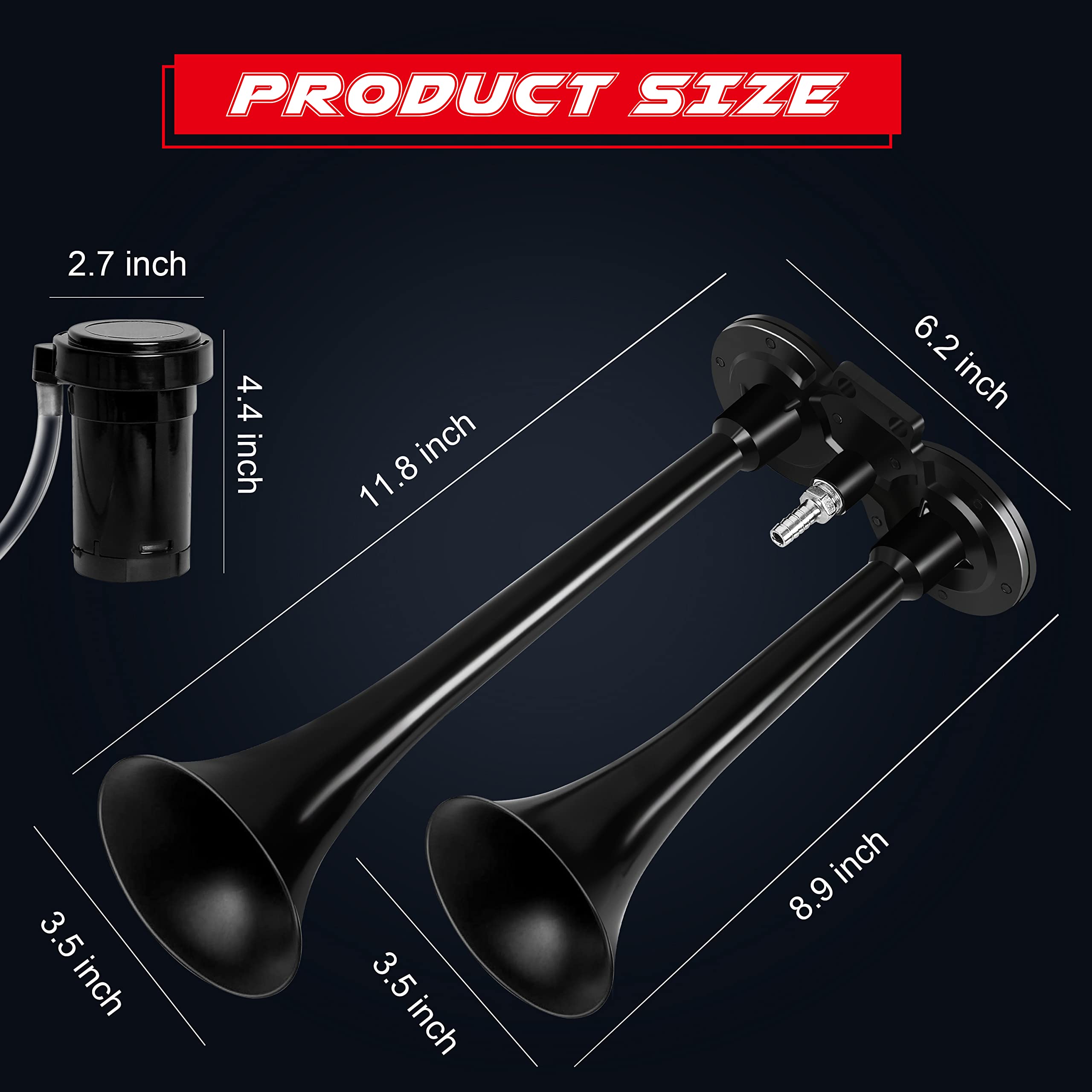 Carfka Air Horn For Truck Boats Car, 150Db Super Loud Train Horns Kit With 120 Psi Air Compressor (Black, Dual)