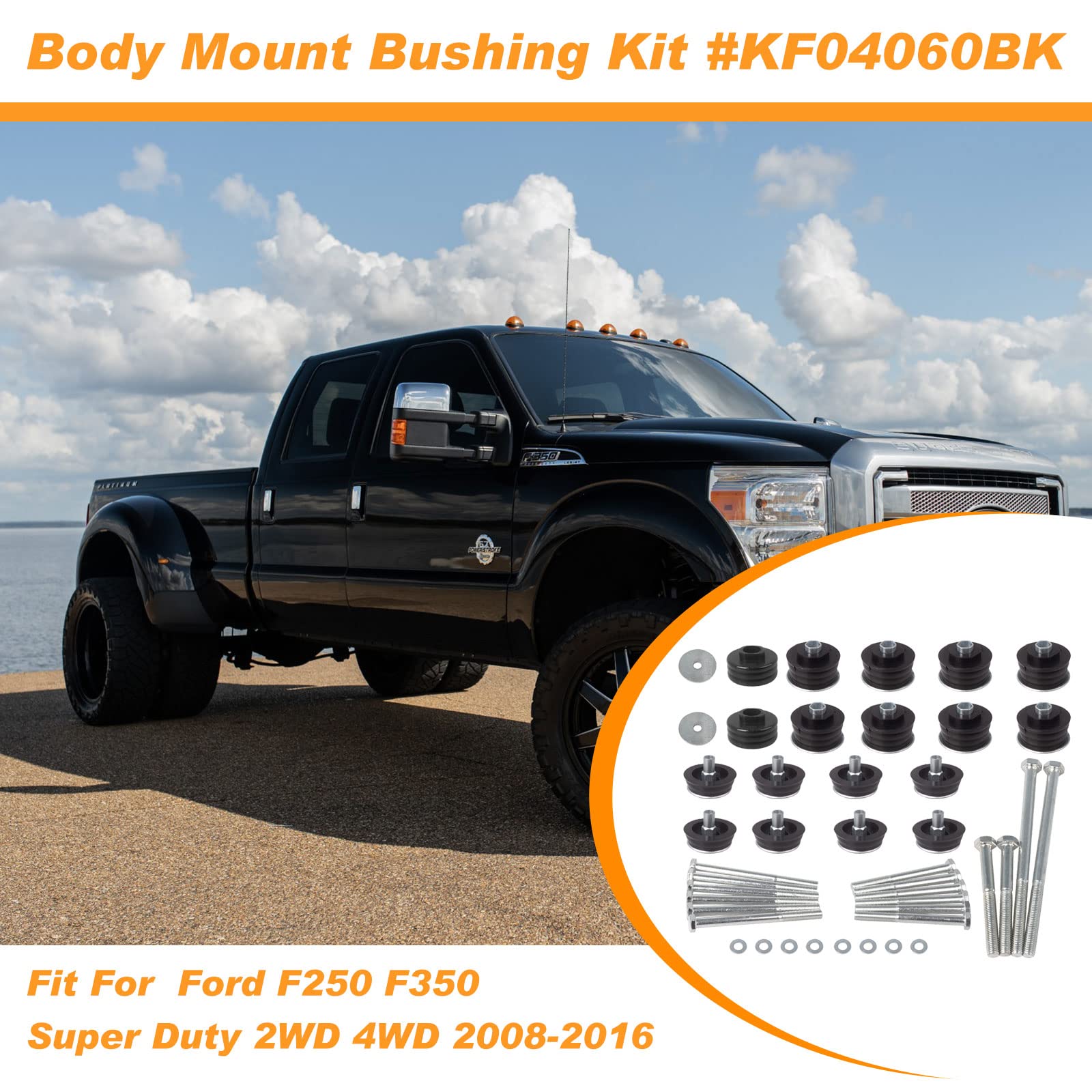 Iker Body Mount Bushing Kit Compatible With Ford F250 F350 2008-2016 Super Duty 2Wd 4Wd, Polyurethane Cab & Body Mount Steel Sleeves & Hardware. Black