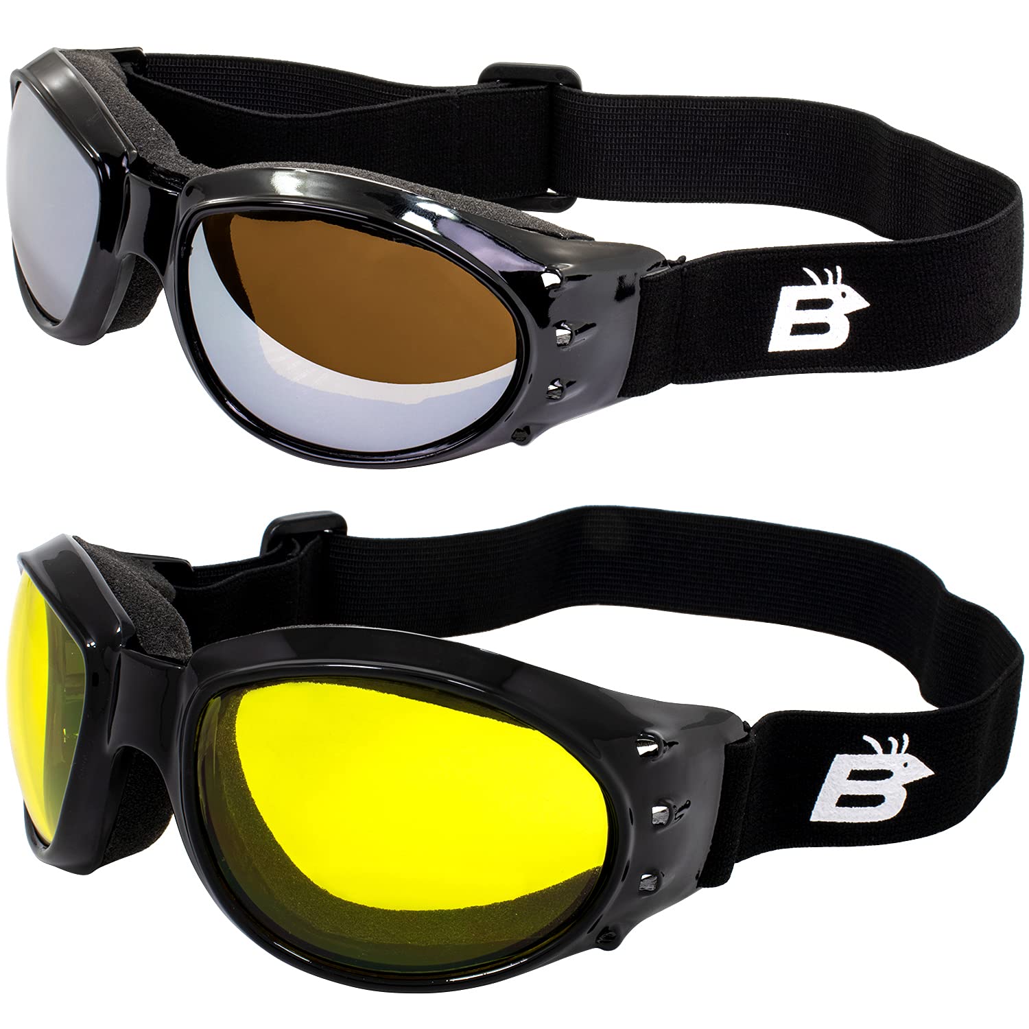 Birdz Eagle Red Baron style Motorcycle Padded Airsoft Goggles Yellow & Driving Mirror Lens for Day & Night riding comfort Perfec