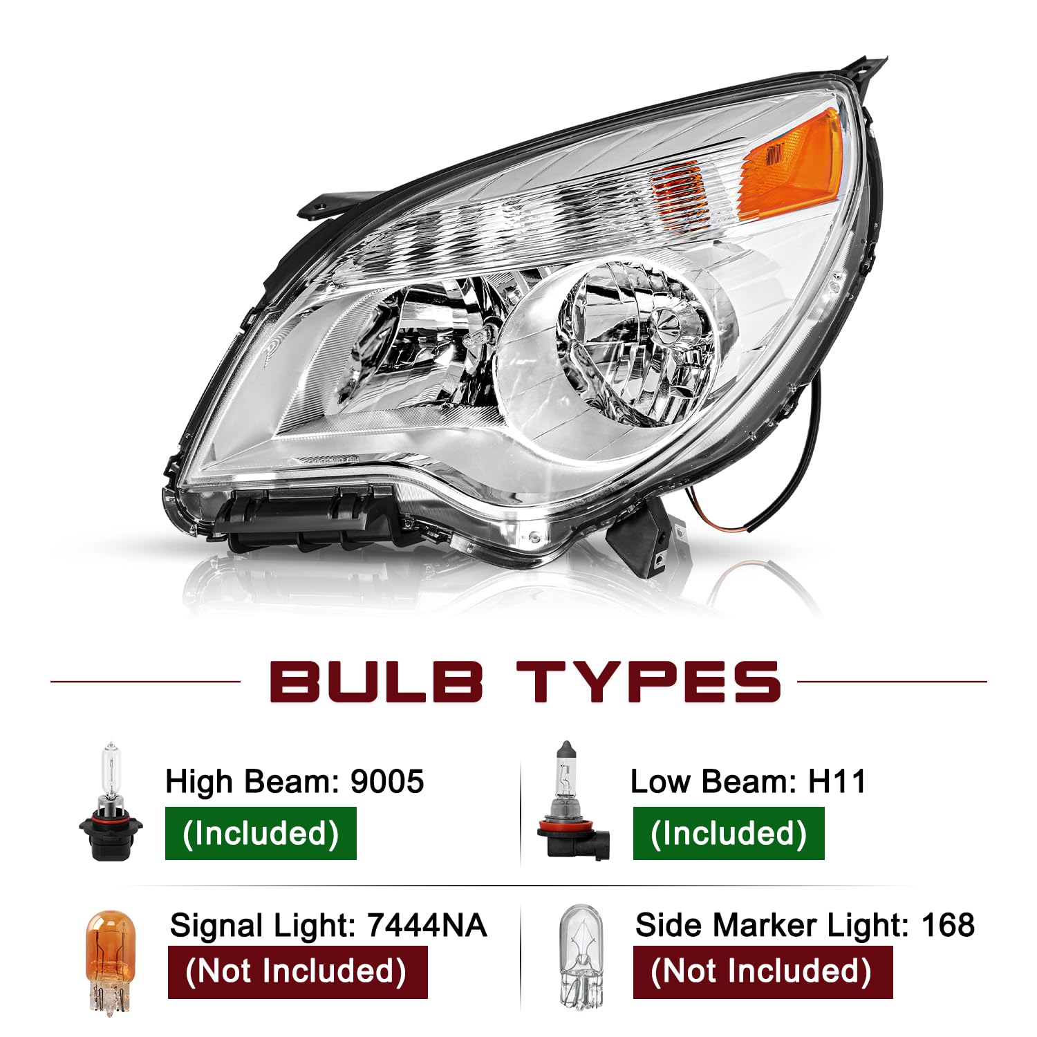 JSBOYAT Headlight Assembly [Halogen Type] w/Bulbs Compatible with 2010-2015 Chevy Equinox Passenger & Driver Side, Chrome Housin