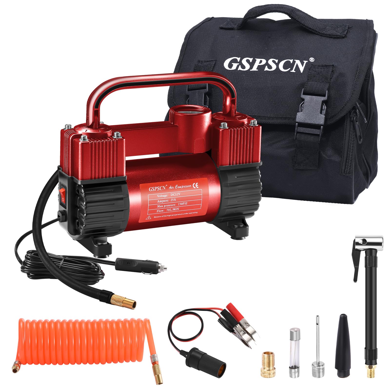 Gspscn Red Tire Inflator Heavy Duty Double Cylinders, Portable Metal Dc 12V Air Compressor, 150Psi Tire Pump With Adapter For Ca