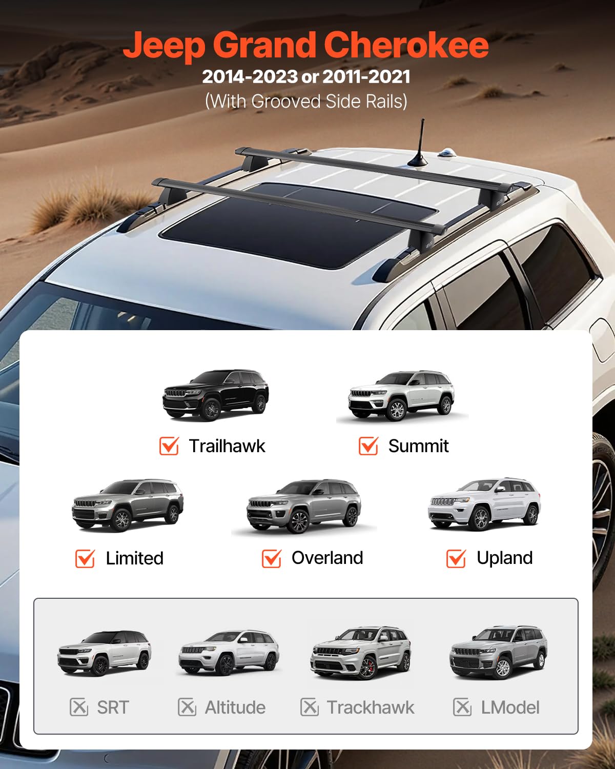 VEVOR Roof Rack Cross Bars, Fits Jeep Grand Cherokee 2014-2023 or 2011-2021 (with Grooved Side Rails), 200 LBS Capacity, Lockabl