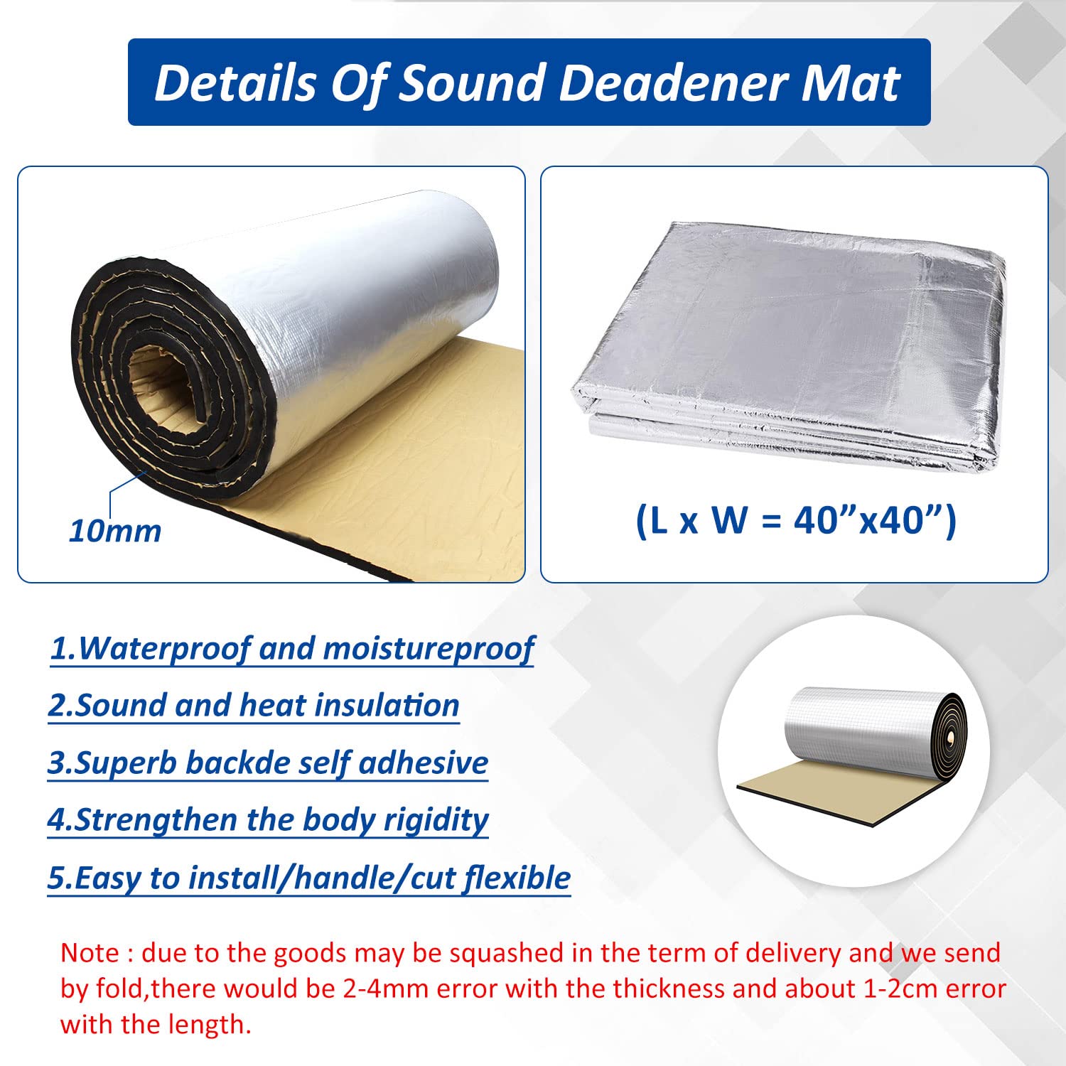 Car Heat Sound Deadening Insulation Mat, 394Mil 10.76Sqft Sound Deadener & Heat Insulation Pad For Auto Hood Engine Roof Door And Trunk - 40 Inch X 40 Inch, Aluminum Foil Finish