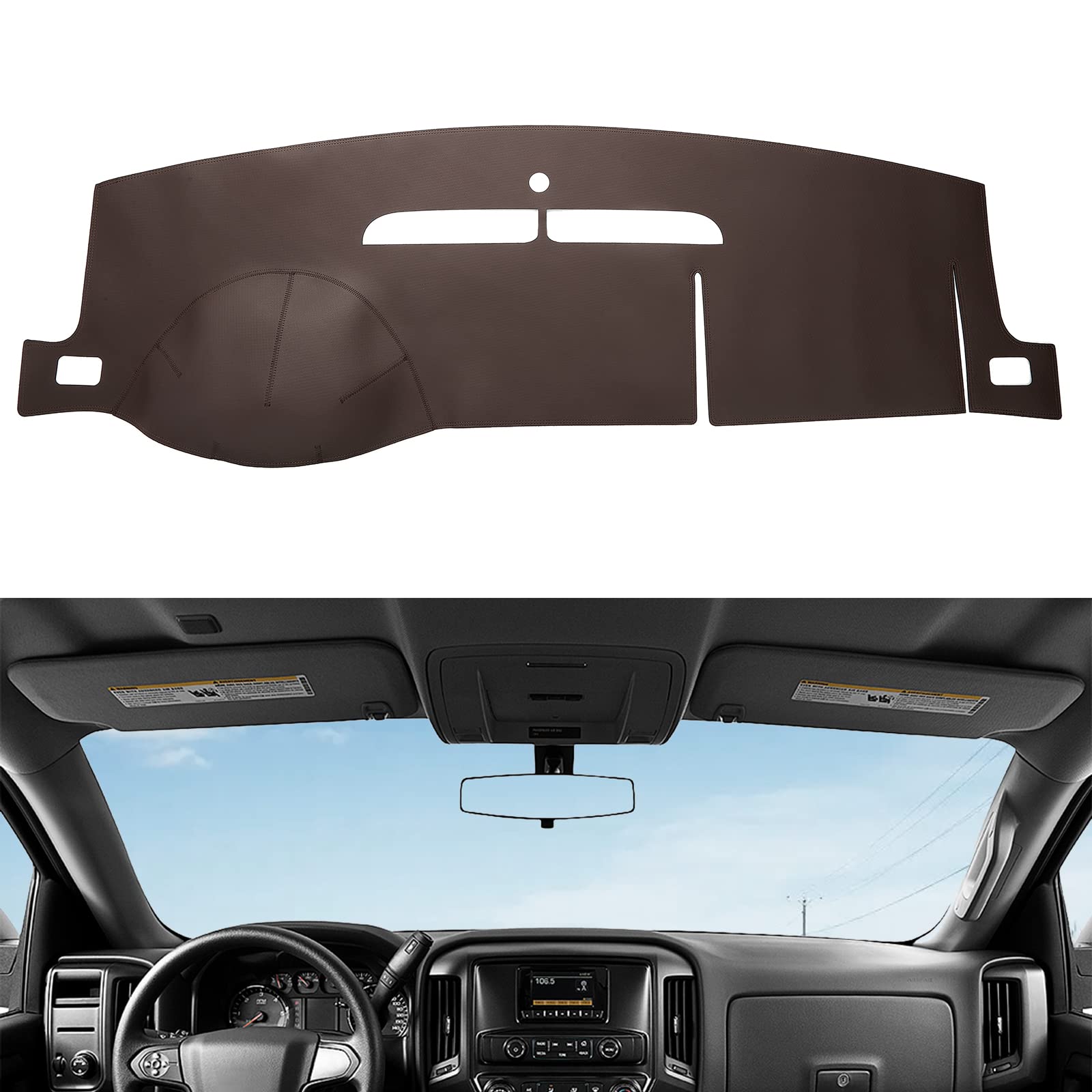 Berksyde Dashboard Dash Mat Cover Leather Dashboard Pad Compatible For 07-14 Tahoe Suburban 1500 2500 Yukon Sierra,07-13 Avalanche Silverado With One Glove Box(Brown)