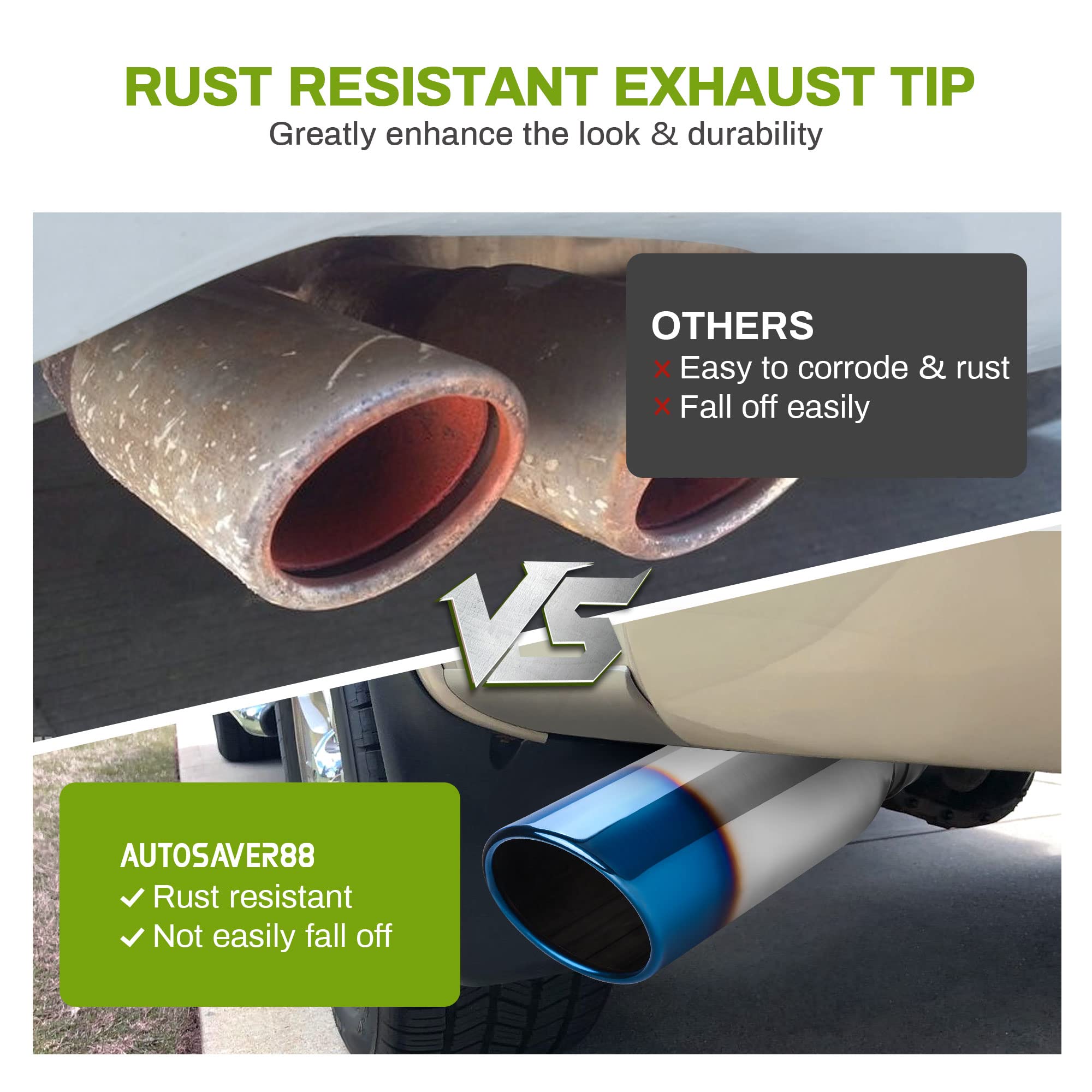 Autosaver88 3 Inch Exhaust Tip, 3 Inlet 4 Outlet 12 Overall Length Chrome Polished Stainless Steel Exhaust Tail Tip For 3 Outer Diameter Tailpipe, Rolled Angle Cut, Bolt/Clamp On, Burnt Blue