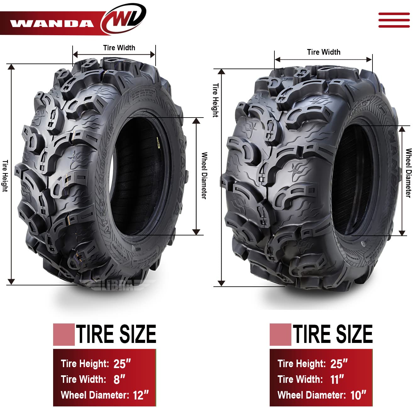 Wanda Set Of 4 Premium Atv/Utv Tires 25X8-12 Front & 25X11-10 Rear /6Pr P375 Super Lug Mud