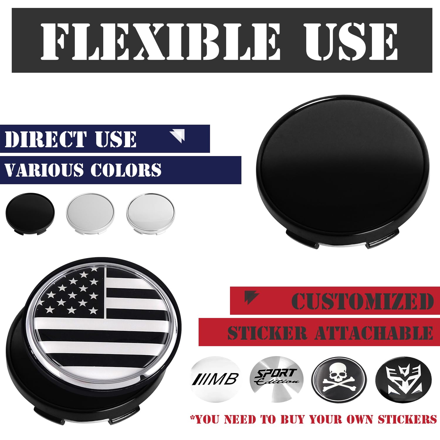 Kitspro 2.2Inch 56Mm Wheel Center Caps, Pack Of 4 (Gloss Black, Outer 56Mm, Inner 53Mm)