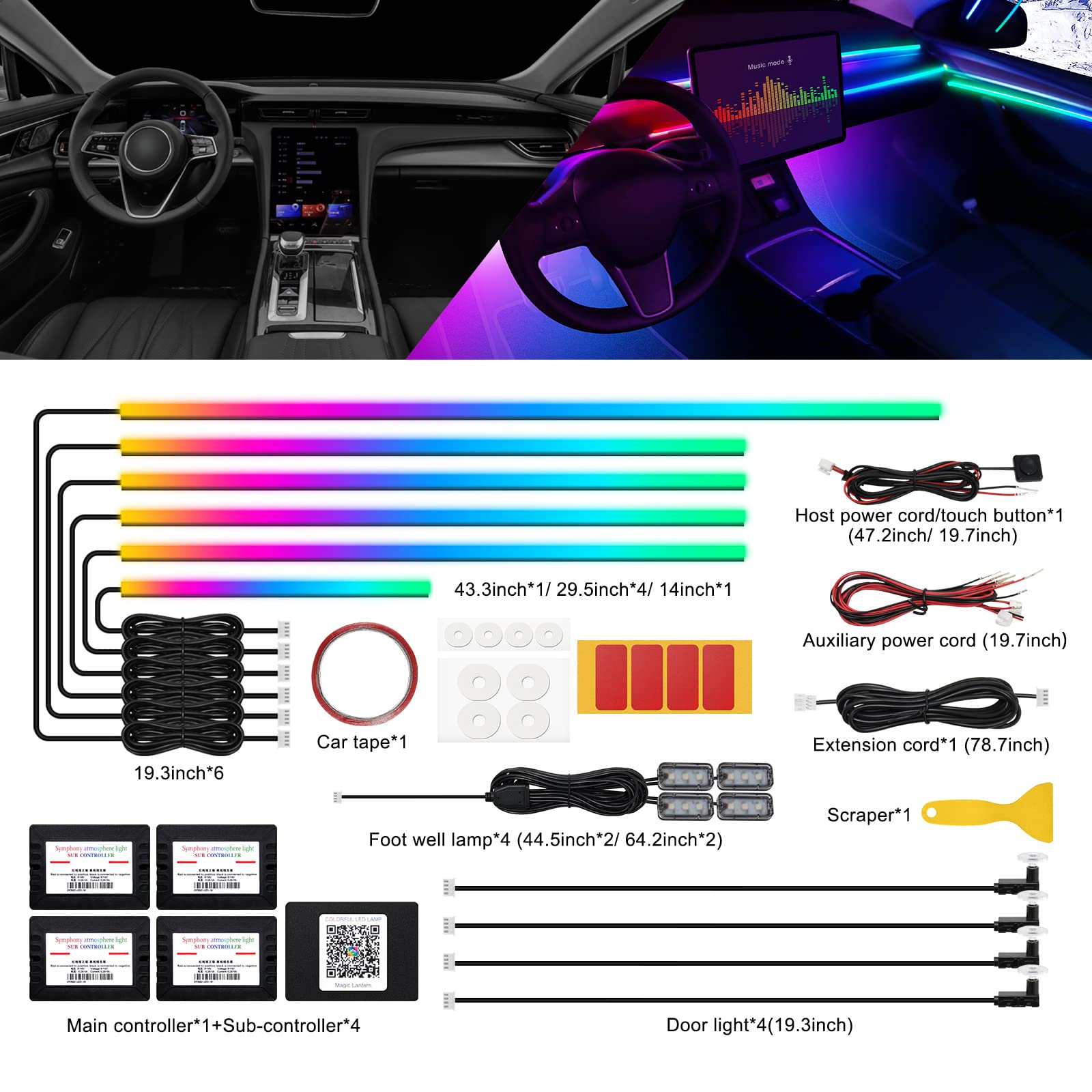 Dreamcolor Acrylic Interior Car Led Strip Light With Wireless App, Rgb 14 In 1 With 175 Inches 593 Leds Fiber Optic Ambient Ligh