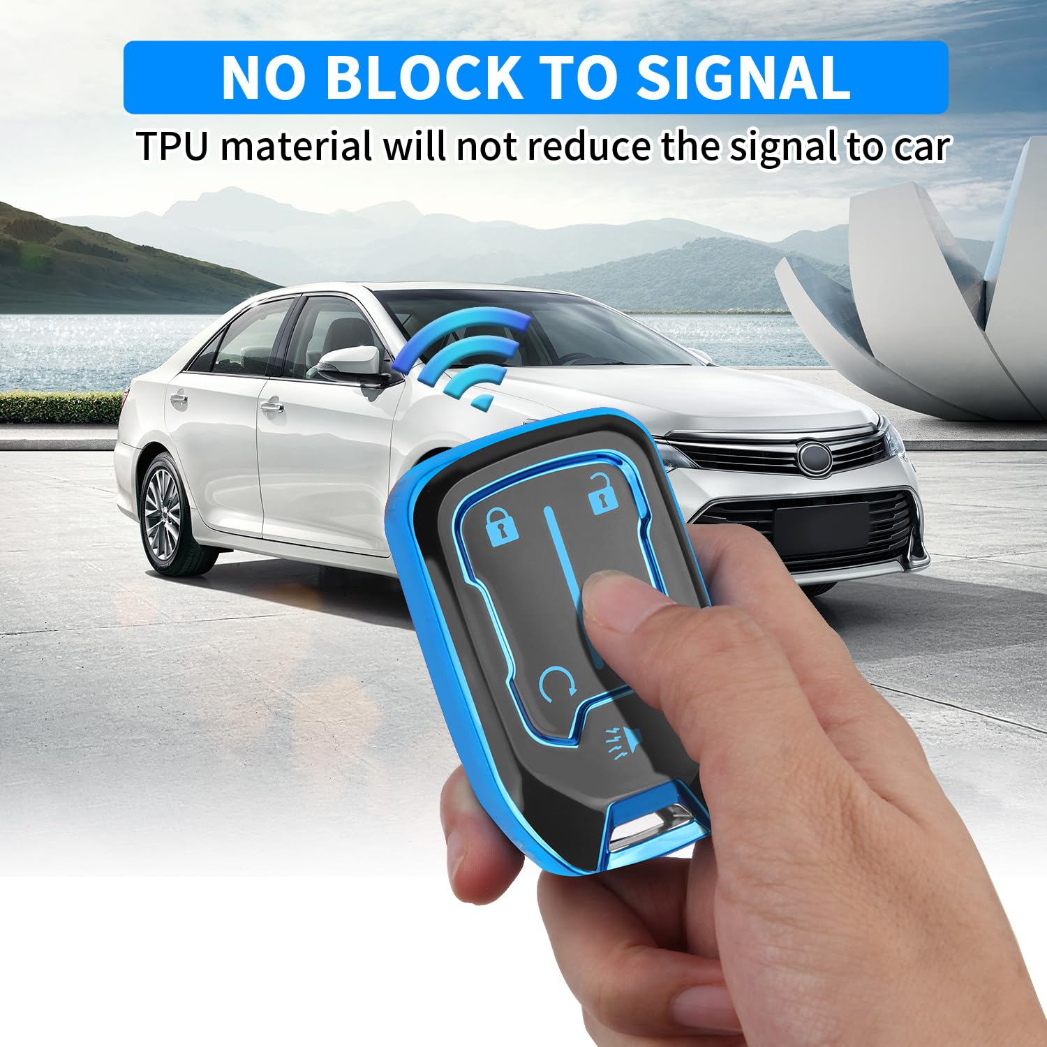 QBUC for GMC Key Fob Cover with Keychain,5 Button Soft TPU GMC Key Fob Cover,Fit for GMC Acadia Sierra Terrain and Chevy (blue,