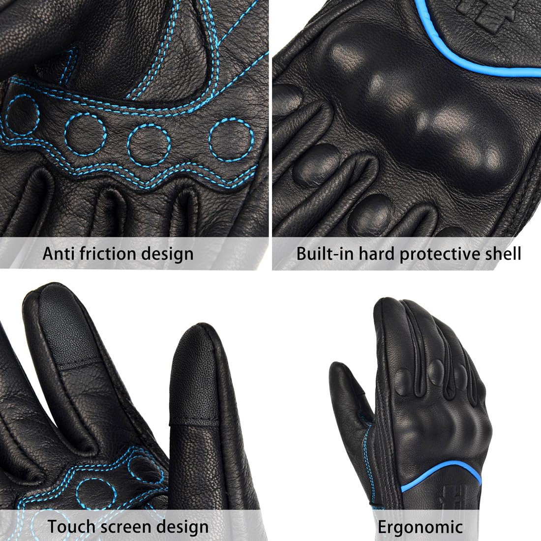 Harssidanzar Leather Motorcycle Gloves For Men Touchscreen Riding Driving Gloves Gm028, Black/Blue, Size Small
