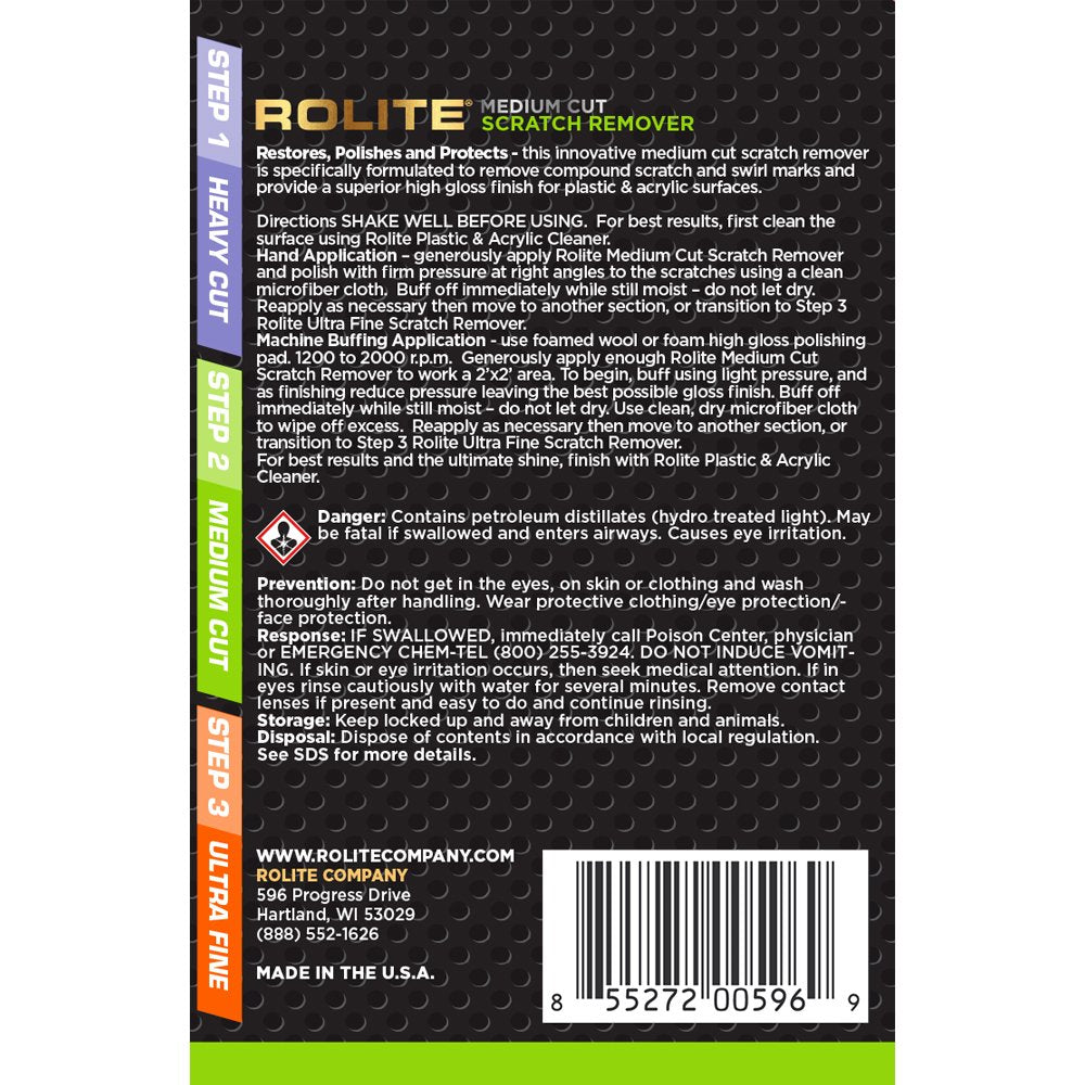 Rolite Medium Cut Scratch Remover for Plastic & Acrylic Surfaces Including Marine Strataglass & Eisenglass, Headlights, Aquarium