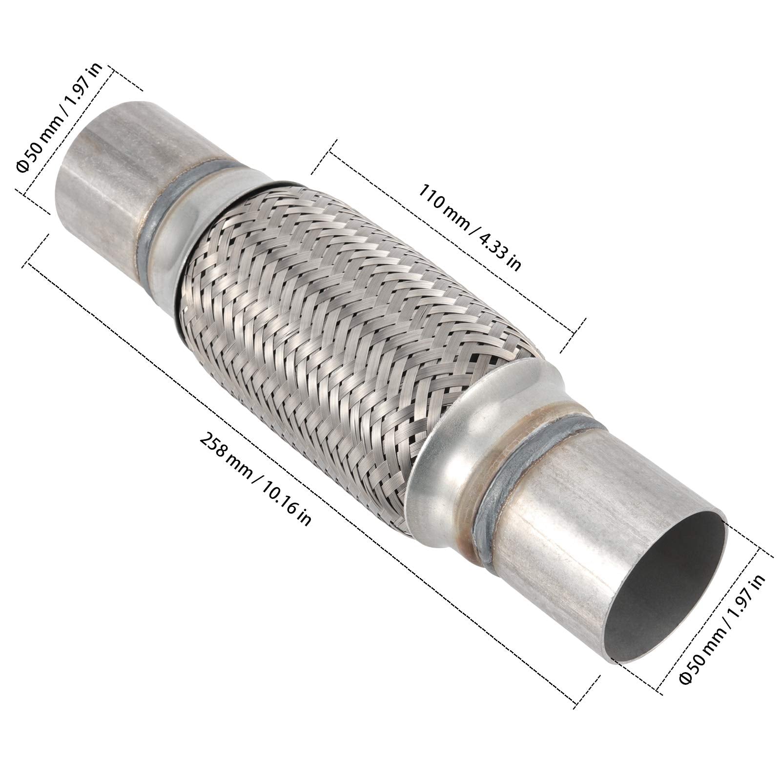Zeonhak 4 Pack 2 X 6 Inches Stainless Steel Heavy Duty Exhaust Flex Pipe, Double Braid Exhaust Flex Tube, Overall Length 10 Inch
