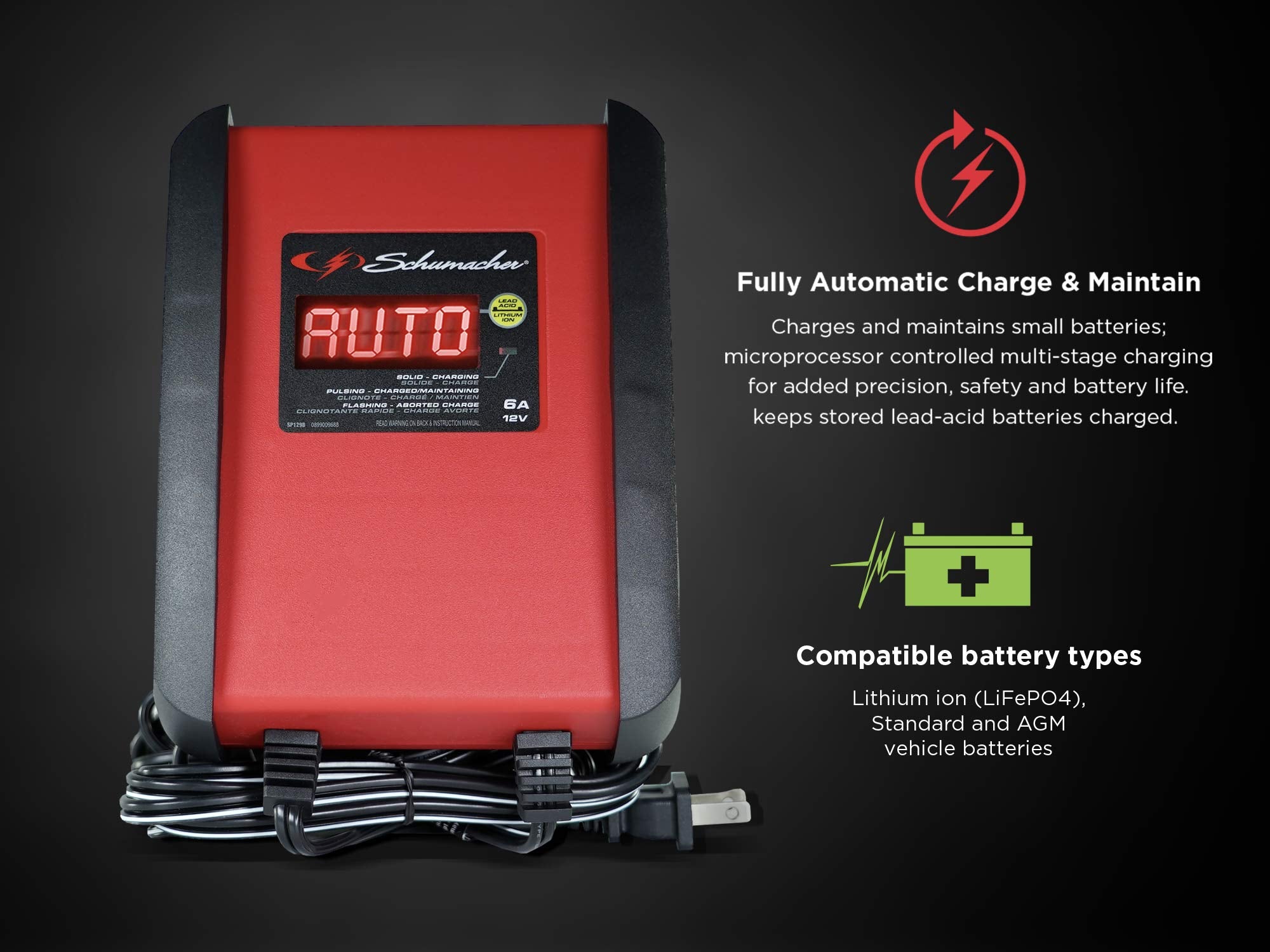 Schumacher Sp1298 Fully Automatic Battery Charger, Maintainer, And Auto Desulfator - 6 Amp, 12V - For Cars, Motorcycles, Lawn Tractors, Marine, And Lithium Batteries