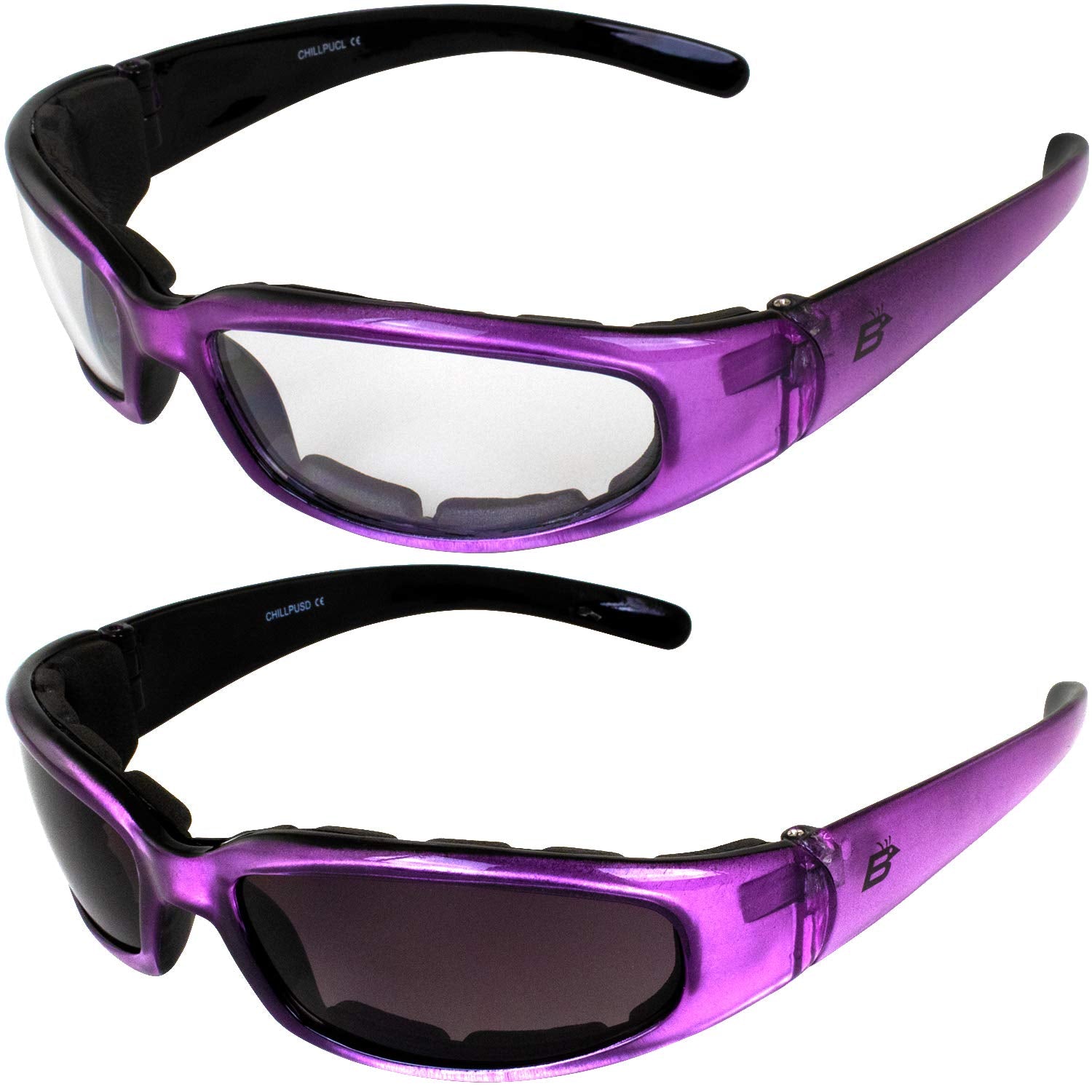 Birdz 2 Pairs Of Eyewear Chill Women'S Padded Motorcycle Sunglasses, Purple Frames With Clear & Super Dark Lenses