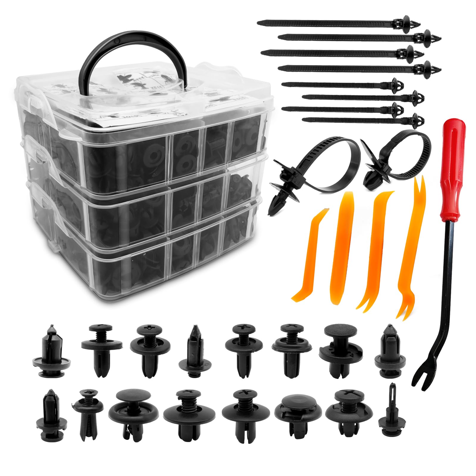 635PCS Auto Fasteners Car Push Retainer Clips Nylon Bumper Fender Rivets, 16 Most Popular Sizes with 10 Cable Ties Fasteners and