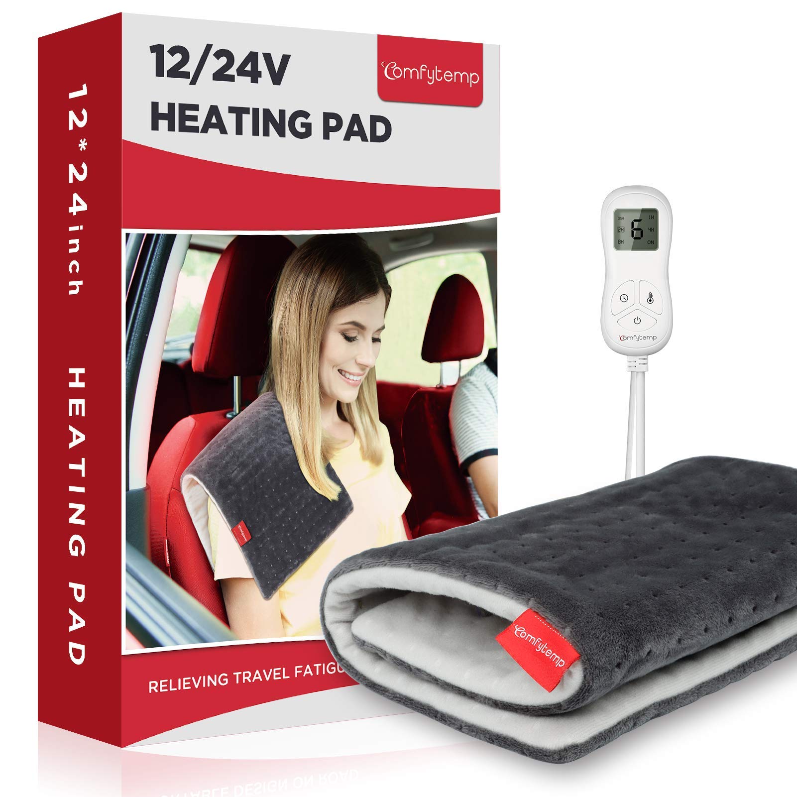 12V/24V Car Electric Blanket For Back Pain Relief, Comfytemp Travel Blanket With 6 Heat Setting, 5 Auto-Off, Portable Mini Blanket For Back Pain, Shoulders And Cramps Relief, 12X 24 Washable