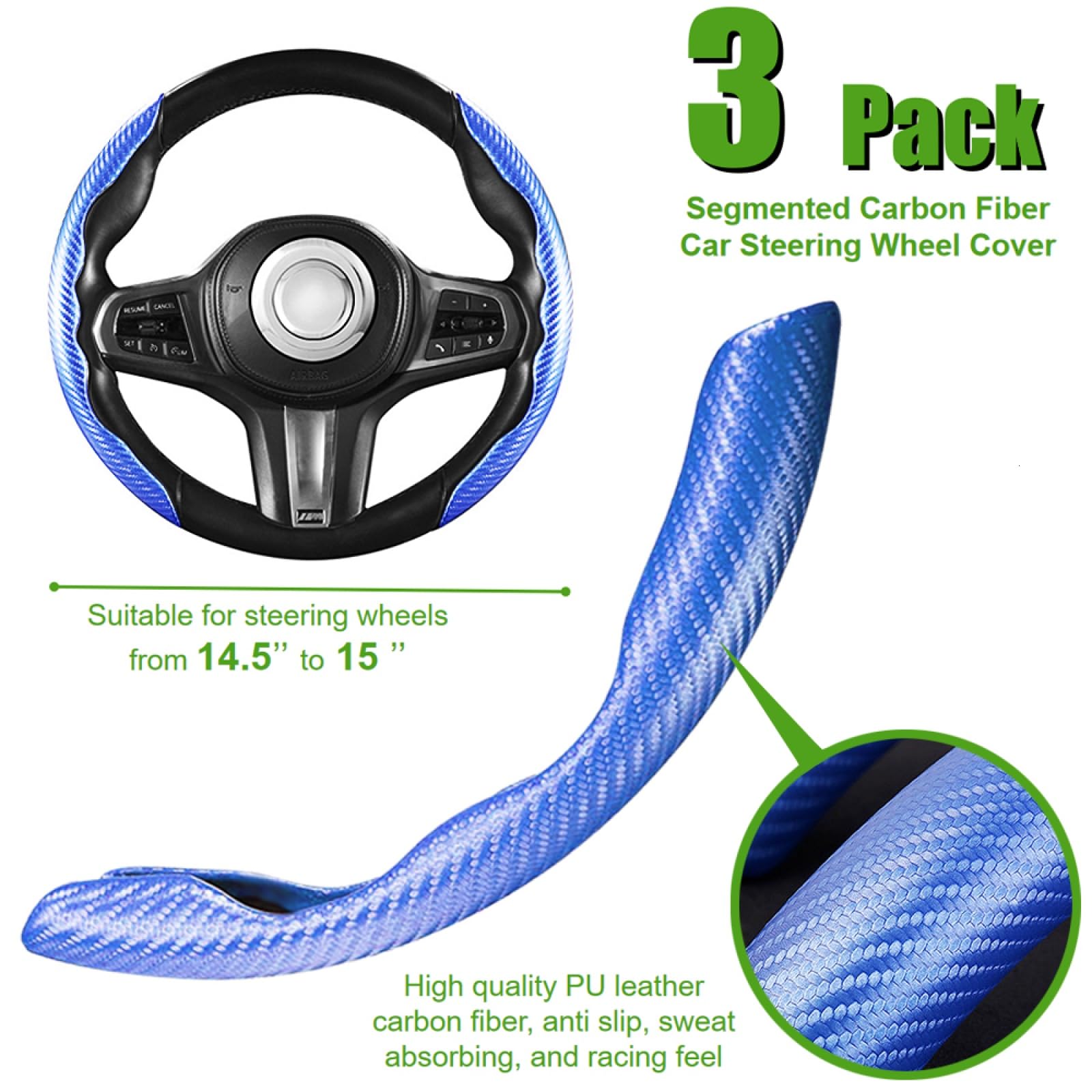 WSSROGY 3 Pack Anti-Skid Segmented Carbon Fiber Car Steering Wheel Cover Protector Universal for Most Car Wheel (Blue)