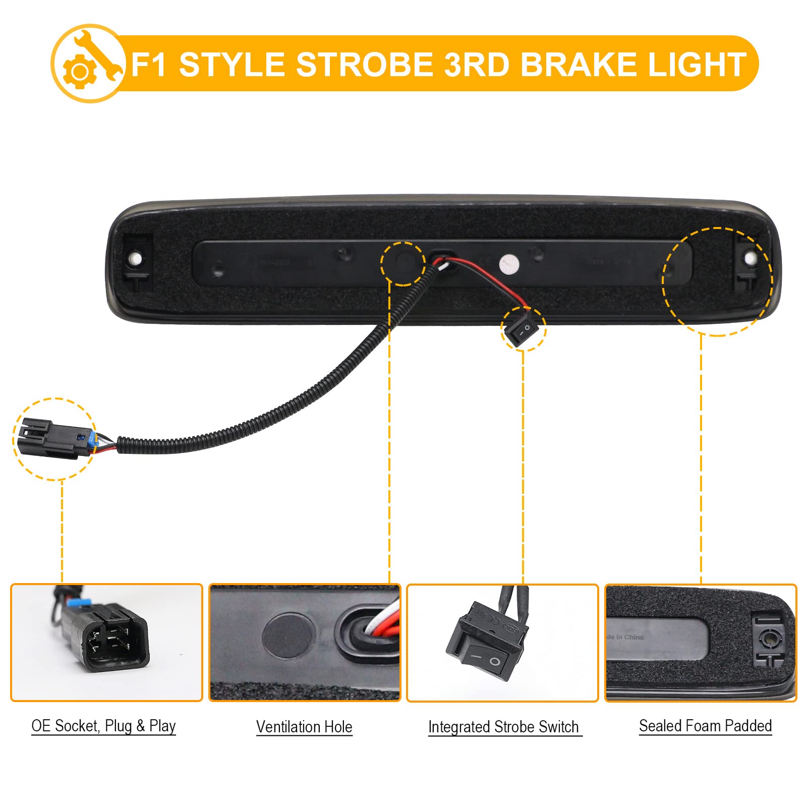 R&F Auto Led Smoked Third Brake Light With Seal Foam Gaskets Replacement For Silverado & Sierra 1500/2500/3500 Hd Classic (1999-