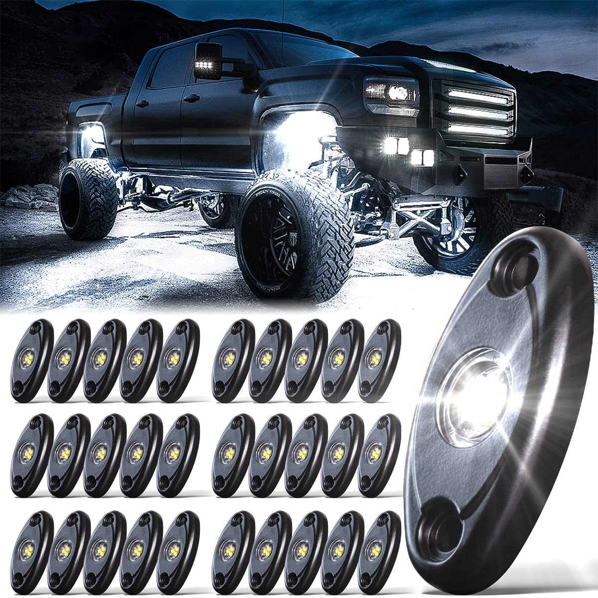 Ledmircy Pure White Rock Lights 30Pcs 6000K Super Bright Rock Light White For Off Road Trucks Atv Utv Suv Boat Car Underglow Tra