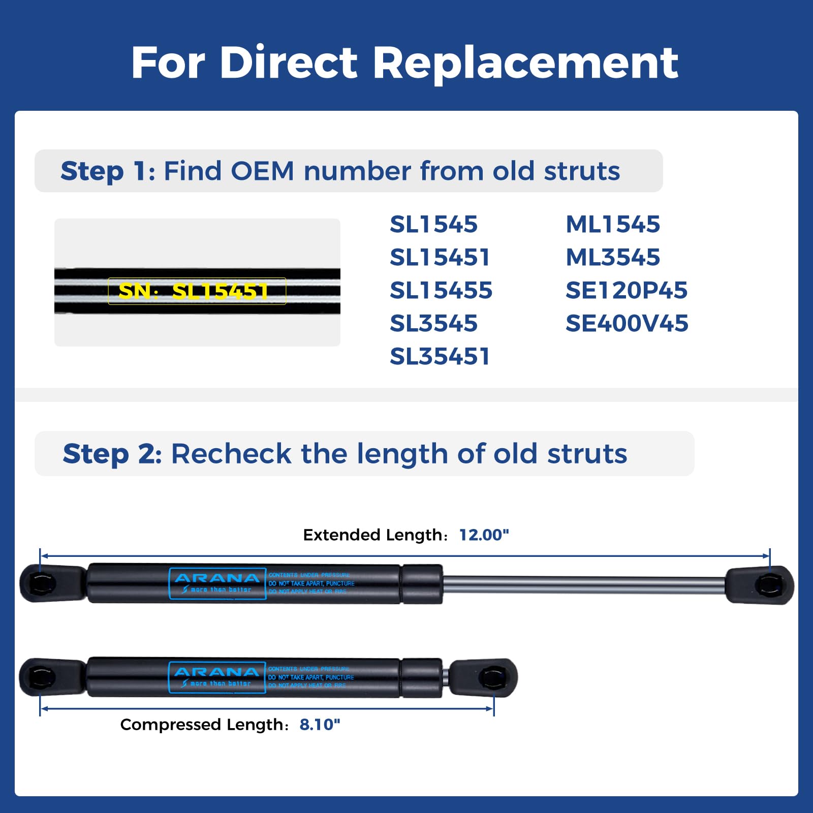 Arana Ml1545 12 Inch 45Lb Gas Struts Spring Shocks Se120P45 12 Inch 200N Lift Support For Tool Box Lid Canopy Door Camper Shell