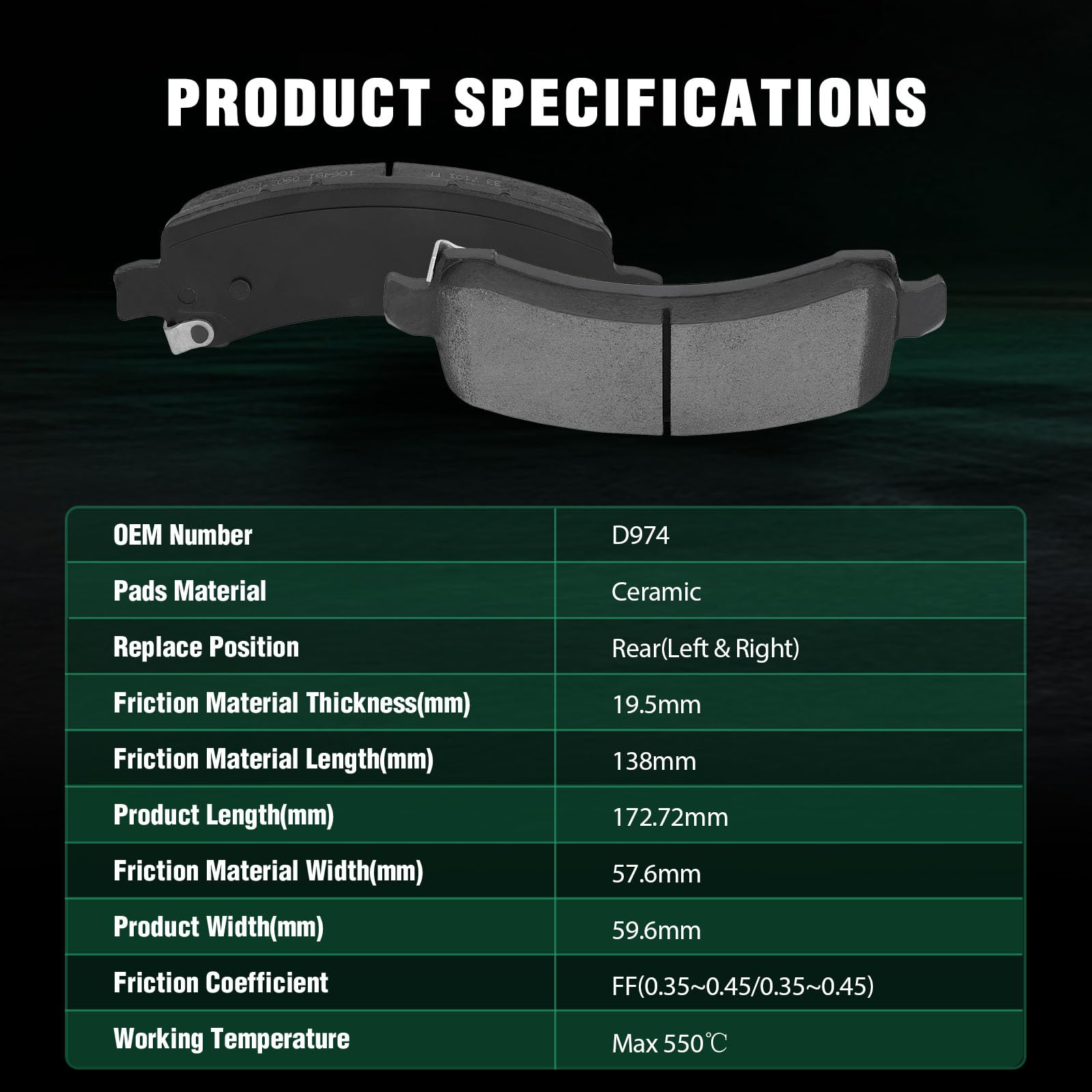 Automuto 4Pcs Rear Ceramic Disc Brake Pads Set D974 For Cadillac Escalade For Chevrolet Avalanche 1500 Express 1500 Express 2500