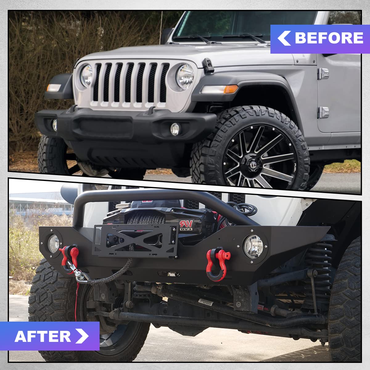 Wolfstorm Front Bumper Fit For 2007-2018 Jeep Wrangler Jk/Jku, Full Width Front Bumper For 2018-2024 Jeep Wrangler Jl/Jlu, Steel Front Bumper For 2019-2024 Jeep Gladiator Jt W/ 2Xd-Ring Shackles