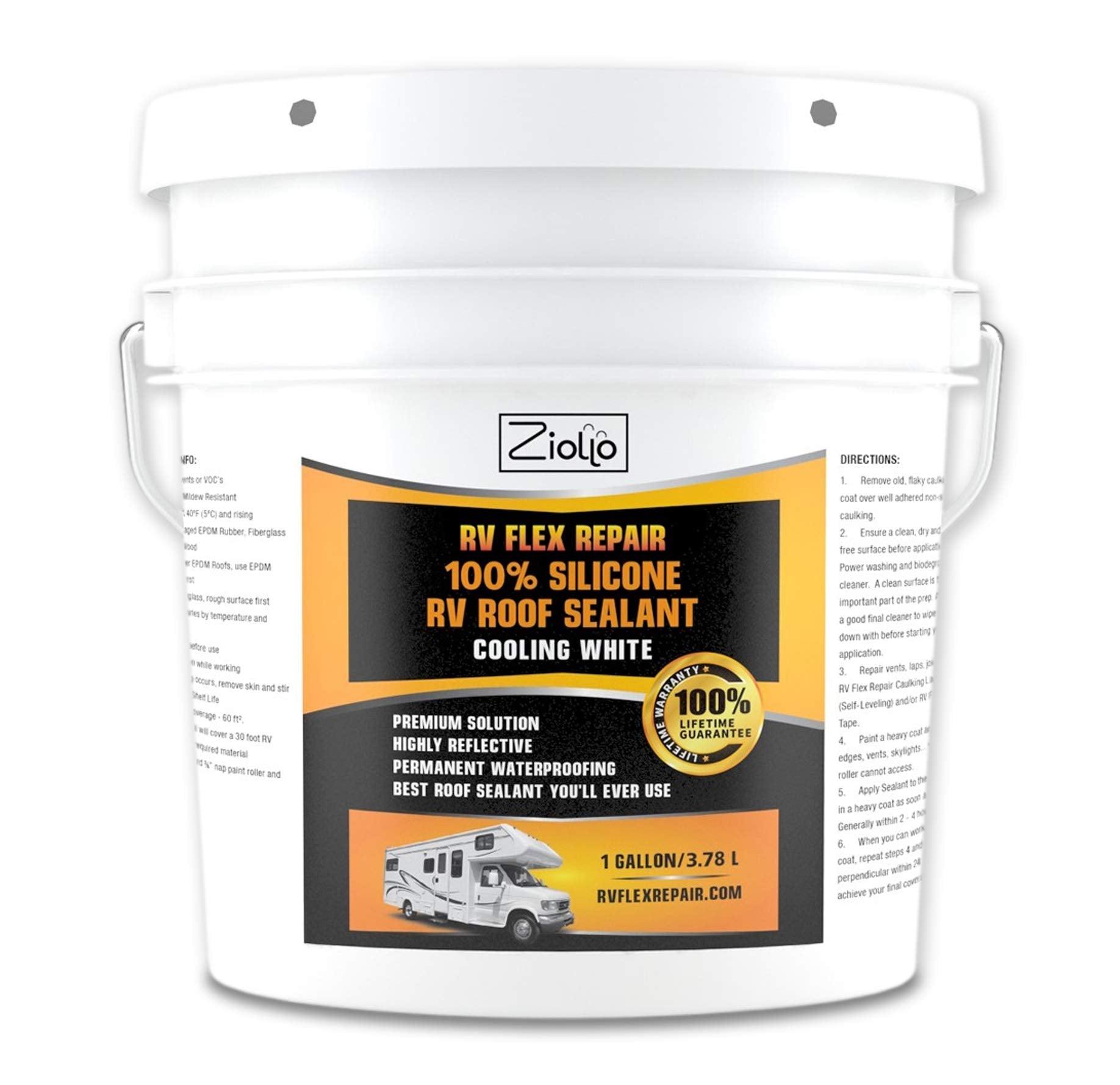 Ziollo Rv Flex Repair 100% Silicone Rv Roof Sealant - Premium Leak Repair & Waterproofing For Motorhomes, Trailers, And Campers - One Coat, No Priming Needed, 1 Gallon