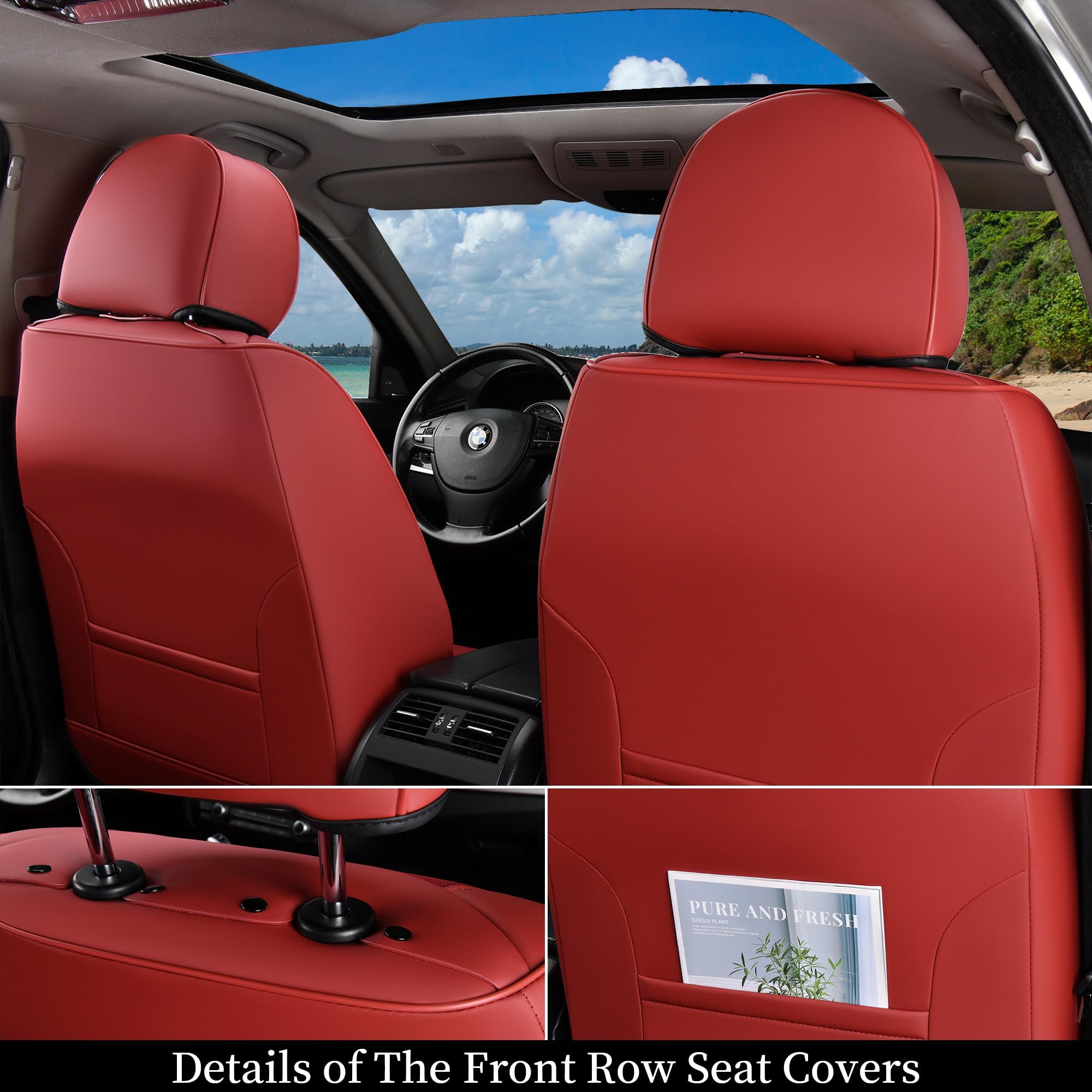 Coverado Car Seat Covers Full Set, Red Seat Covers For Cars 5 Seats, Breathable Fabric& Faux Leather Car Seat Cushions, Front An
