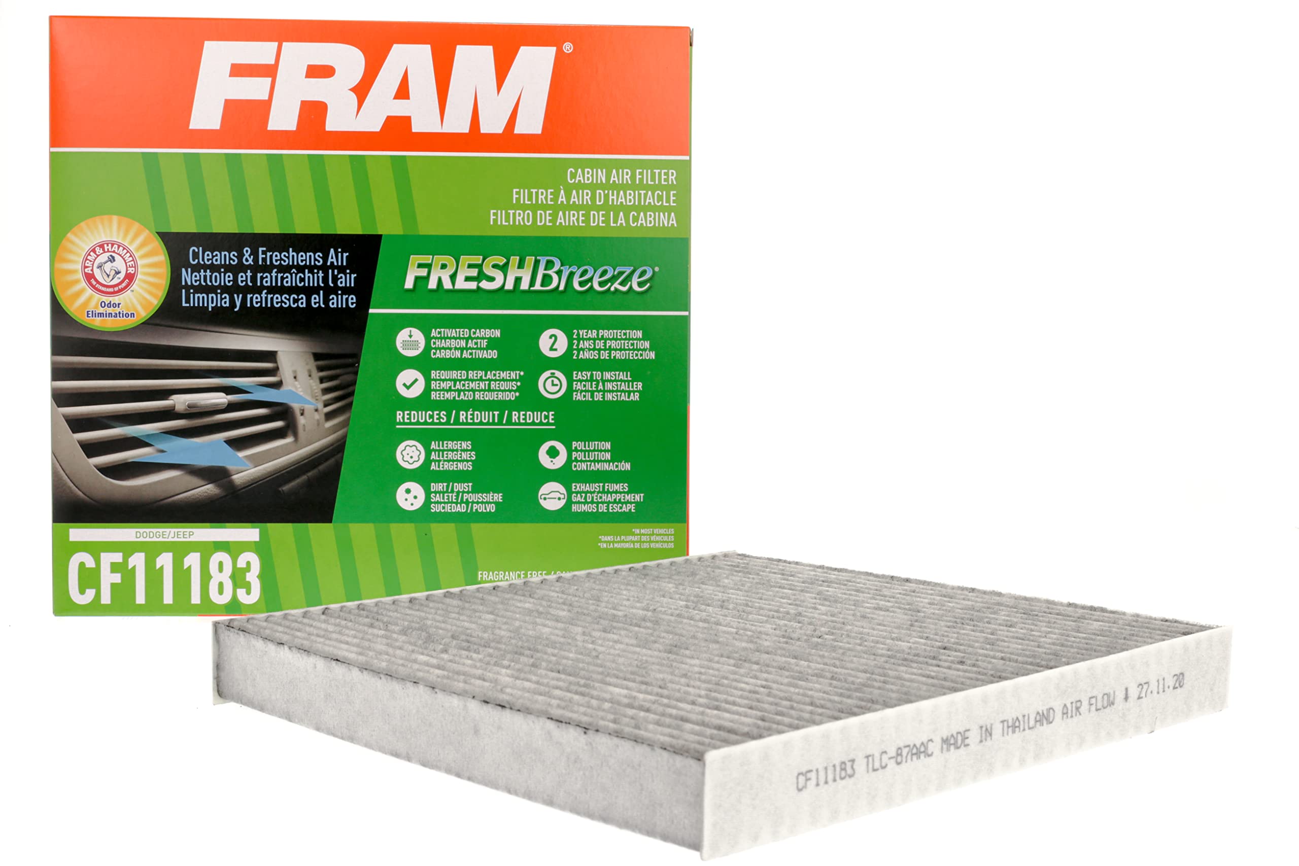 FRAM Fresh Breeze Cabin Air Filter Replacement for Car Passenger Compartment w/ Arm and Hammer Baking Soda, Easy Install, CF11183 for Select Dodge and Jeep vehicles , white