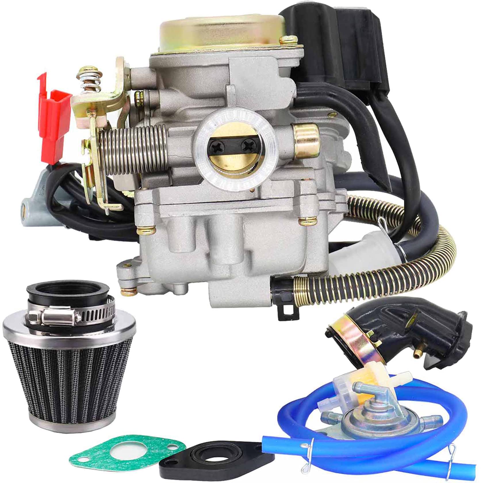 Gy6 50Cc 49Cc Carburetor With Air Filter Intake Manifold Replacement For 139Qmb 4 Stroke Scooter Atv Moped Go Kart Taotao Engine 18Mm Carb (With Vacuum Fuel Pump,Hose Tube Line)