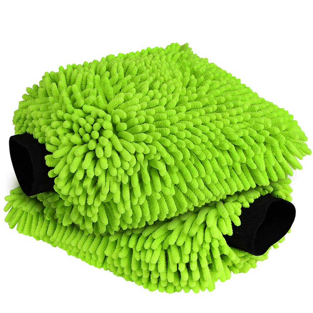 Aidea Car Wash Mitt Microfiber, 2Pk-Scratch-Free& Lint-Free, Premium Chenille Microfiber Wash Mitt-Green Extra Large Size (8''X1