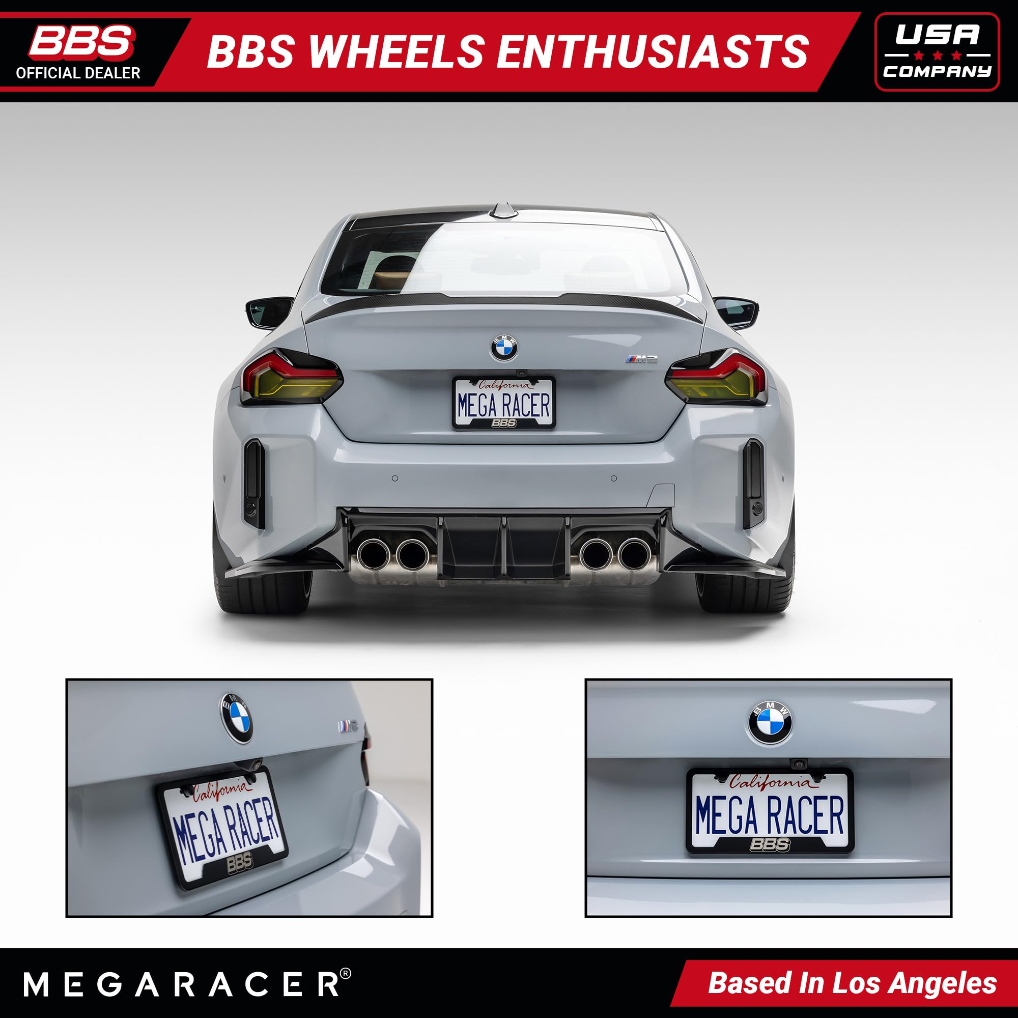 Mega Racer BBS License Plate Frame - Black Stainless Steel, 1Pc, Fits Car, Truck, SUV, Made in USA