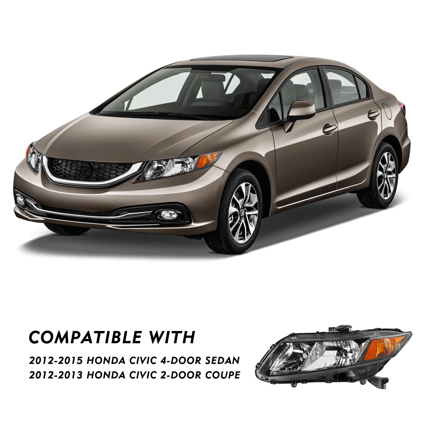 Tusdar Headlight Assembly Replacement For 2012-2015 Honda Civic 4-Door Sedan / 2012-2013 Honda Civic 2-Door Coupe Halogen Headlamp Oe Style Head Light, Passenger & Driver Side