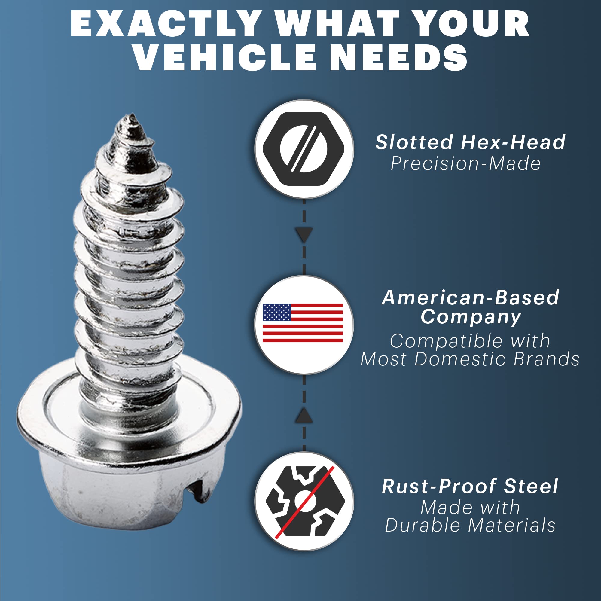 Chrome License Plate Screw Kit - Set Of 8 Stainless Steel Fasteners For License Plates, Frames, And Covers On Domestic Cars, Trucks, Vans, Suvs - Rustproof, Self Tapping Mounting Bolts (Chrome Plated)