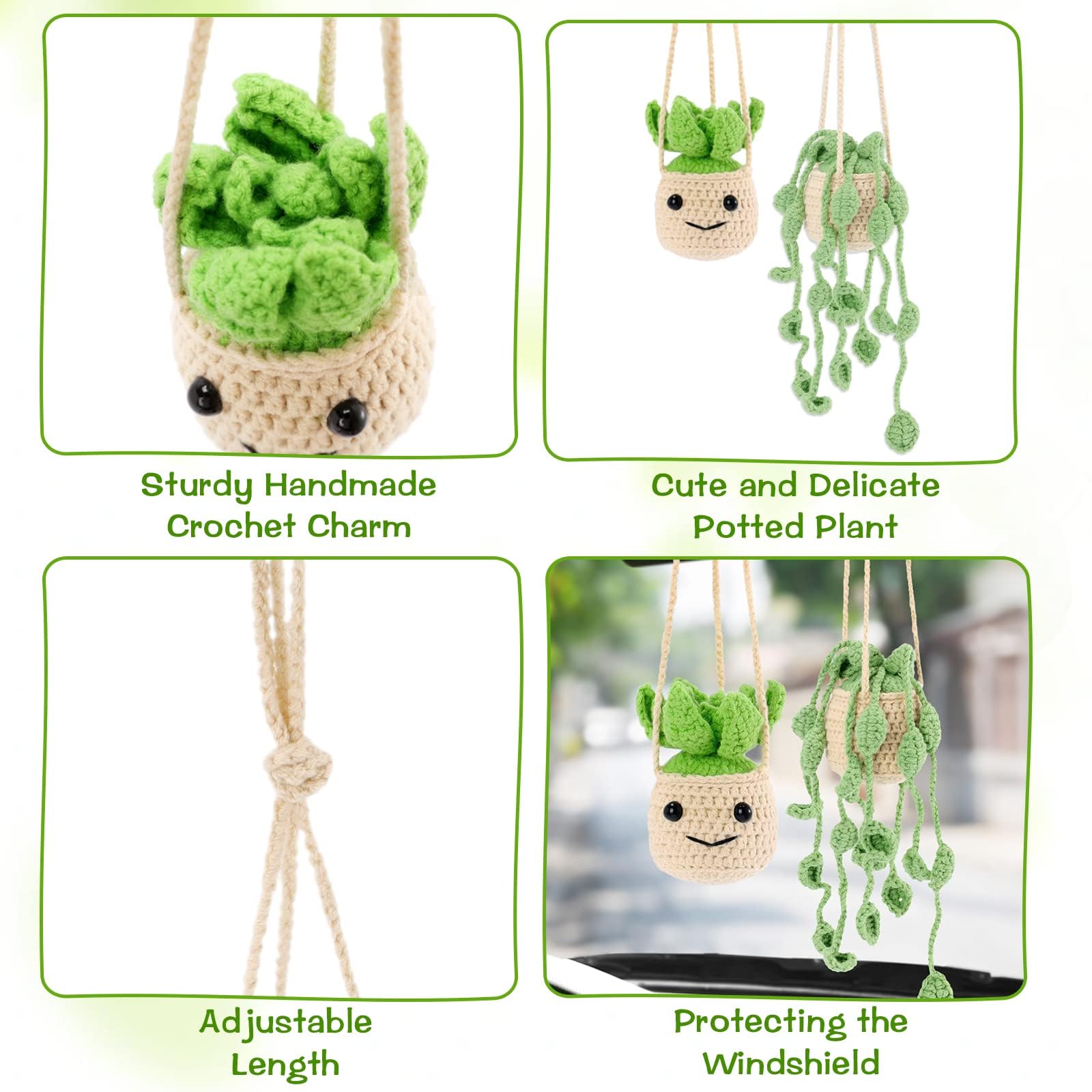 Vansolinne 2 Pcs Cute Car Accessories Crochet Plants Hanging Baskets Green Succulent for Rearview Mirror Decor Car Ornament Inte