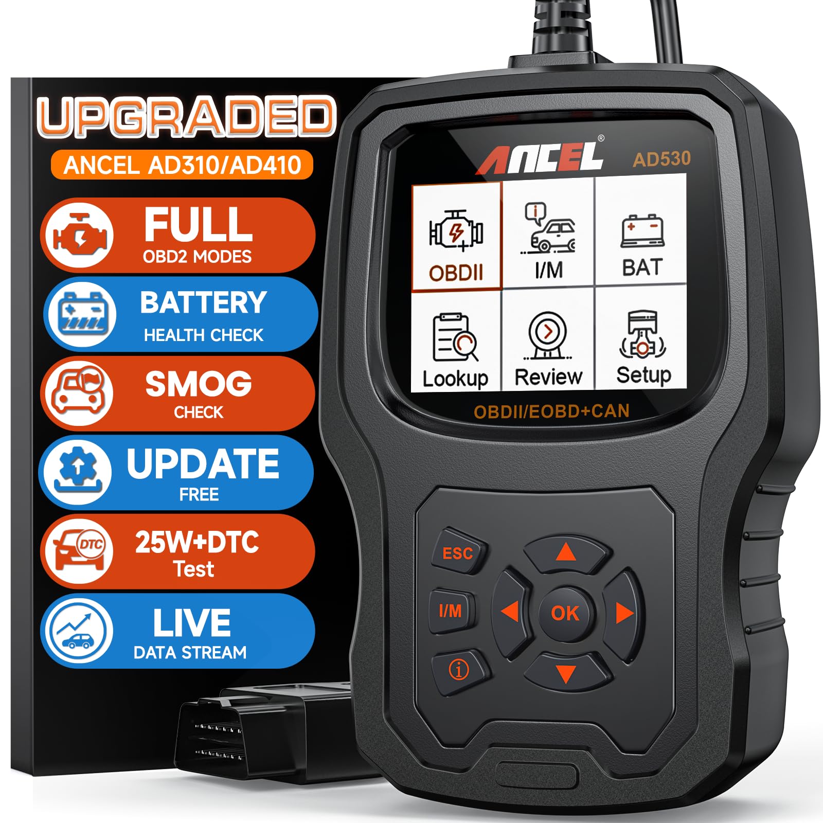 (Upgraded AD310) ANCEL AD530 OBD2 Scanner Diagnostic Tool with Battery Test Car Engine Light Code Reader Scan Tool, All OBD2 Fun