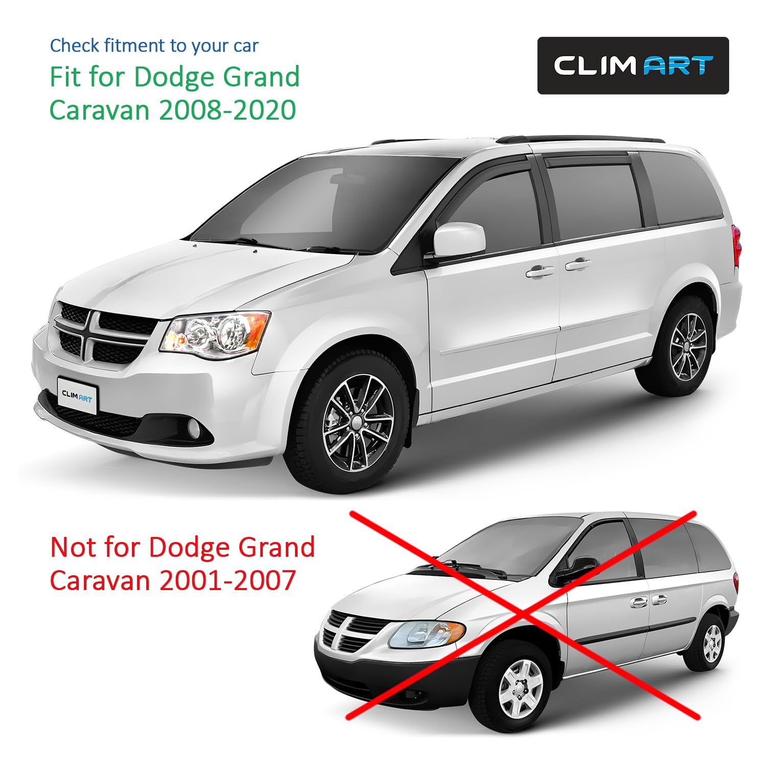 Clim Art In-Channel Incredibly Durable Rain Guards For Dodge Grand Caravan 2008-2020, Original Window Deflectors, Vent Window Vi