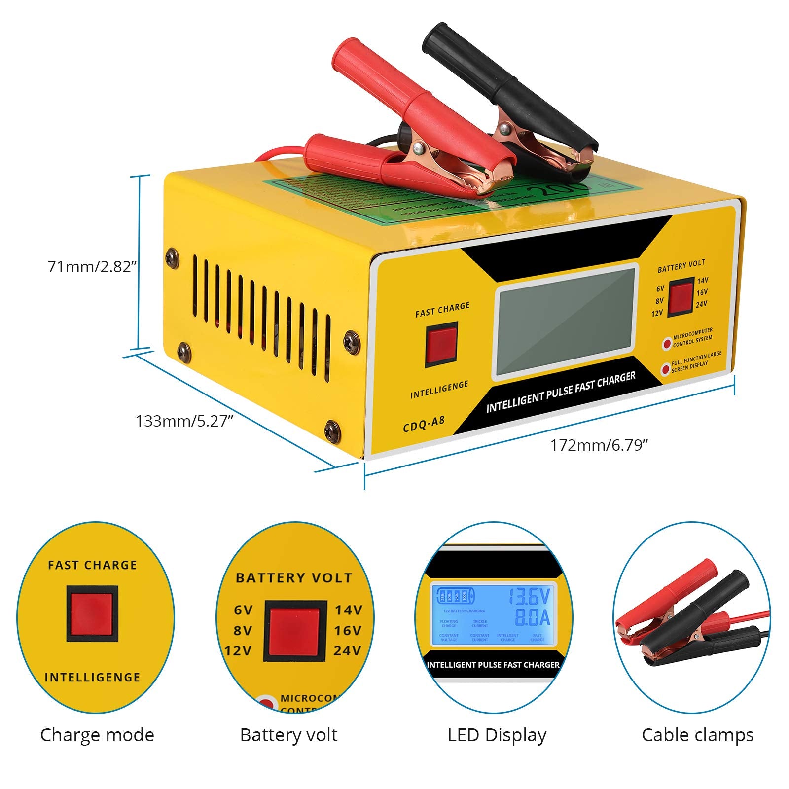 AUTOUTLET 0-10A Smart Car Battery Charger & Trickle Maintainer, Fully Automatic, 6/8/12/14/24V, Yellow, 23.5*14