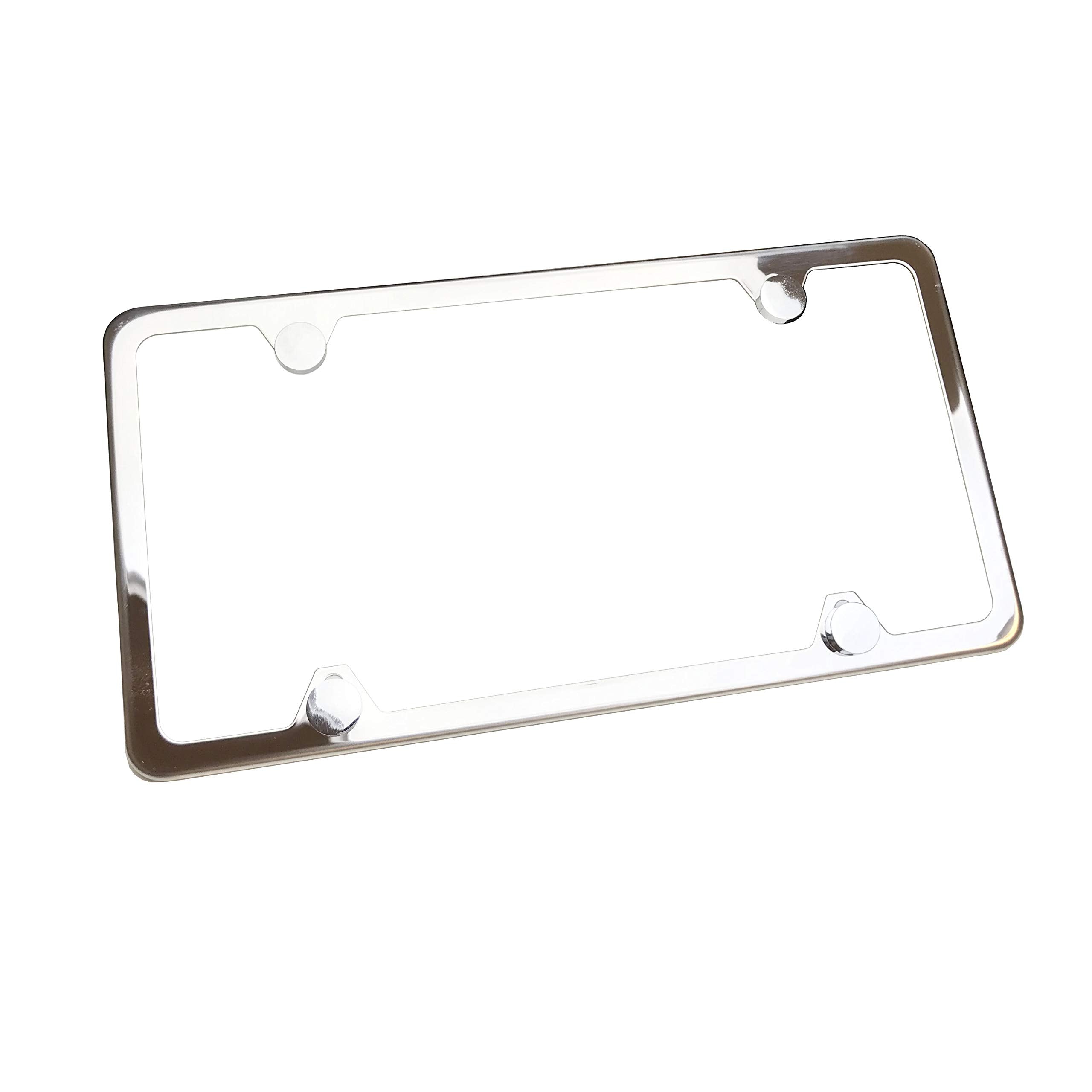 Circle Cool T304 Stainless Steel Polish Mirror 4 Hole Slim License Plate Frame Holder Tag W/Chrome Metal Cap 